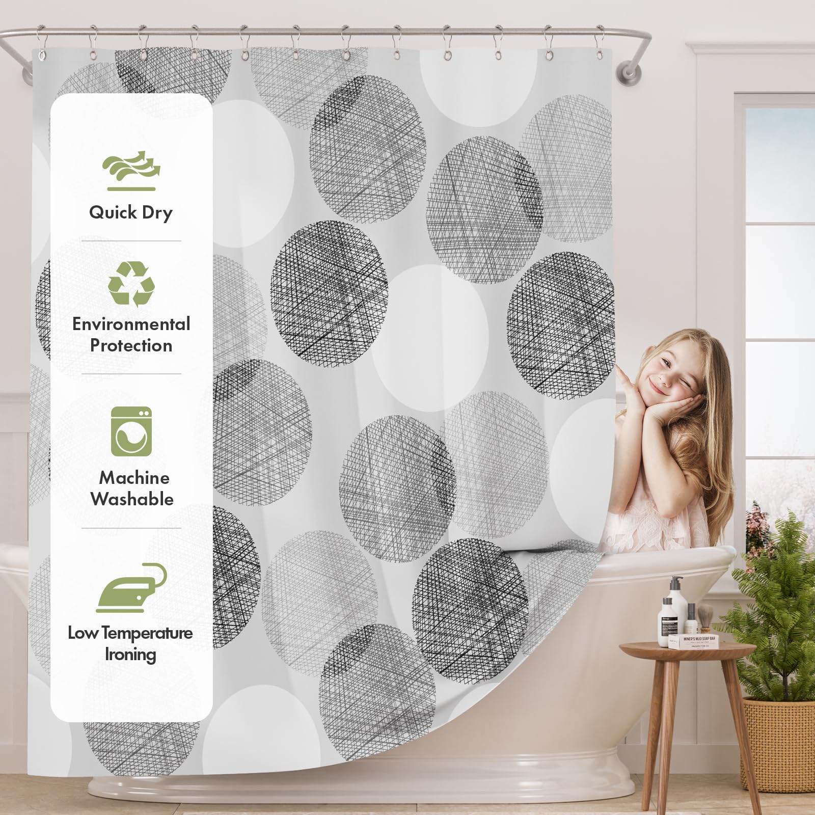 AmazerBath Grey Shower Curtain Sets  Washable Cloth Gray Dots Shower Curtain with 12 Metal Shower Curtain Hooks  Rustic Waterproof Farmhouse Fabric Shower Curtains for Bathroom Decor  72x72 Inches