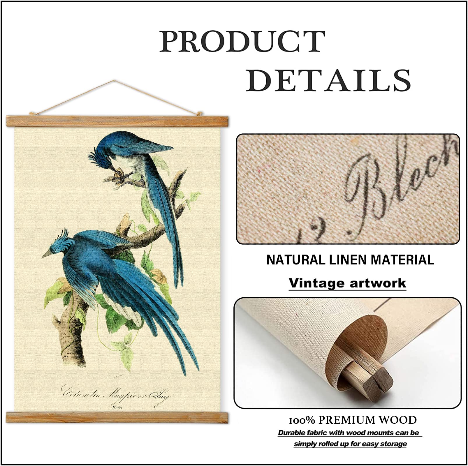 Vintage Birds Poster Hanger Frame, Retro Style Of Wall Art Prints, Printed On Linen With Natural Wooden Frames, Illustrative Ref