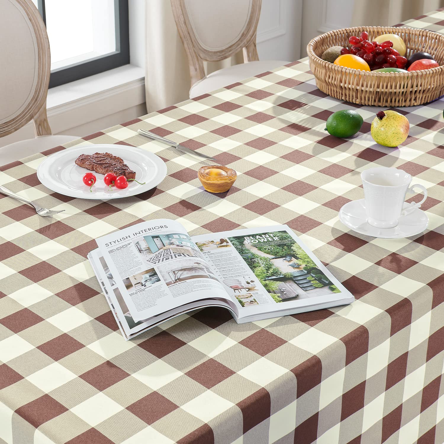 Softalker Fall Gingham Checkered Rectangle Tablecloth - Waterproof Buffalo Plaid Table Cloth Stain Resistant Washable Polyester Table Cover for Holiday/Dining/Party - Coffee and White  54 x 120 Inch