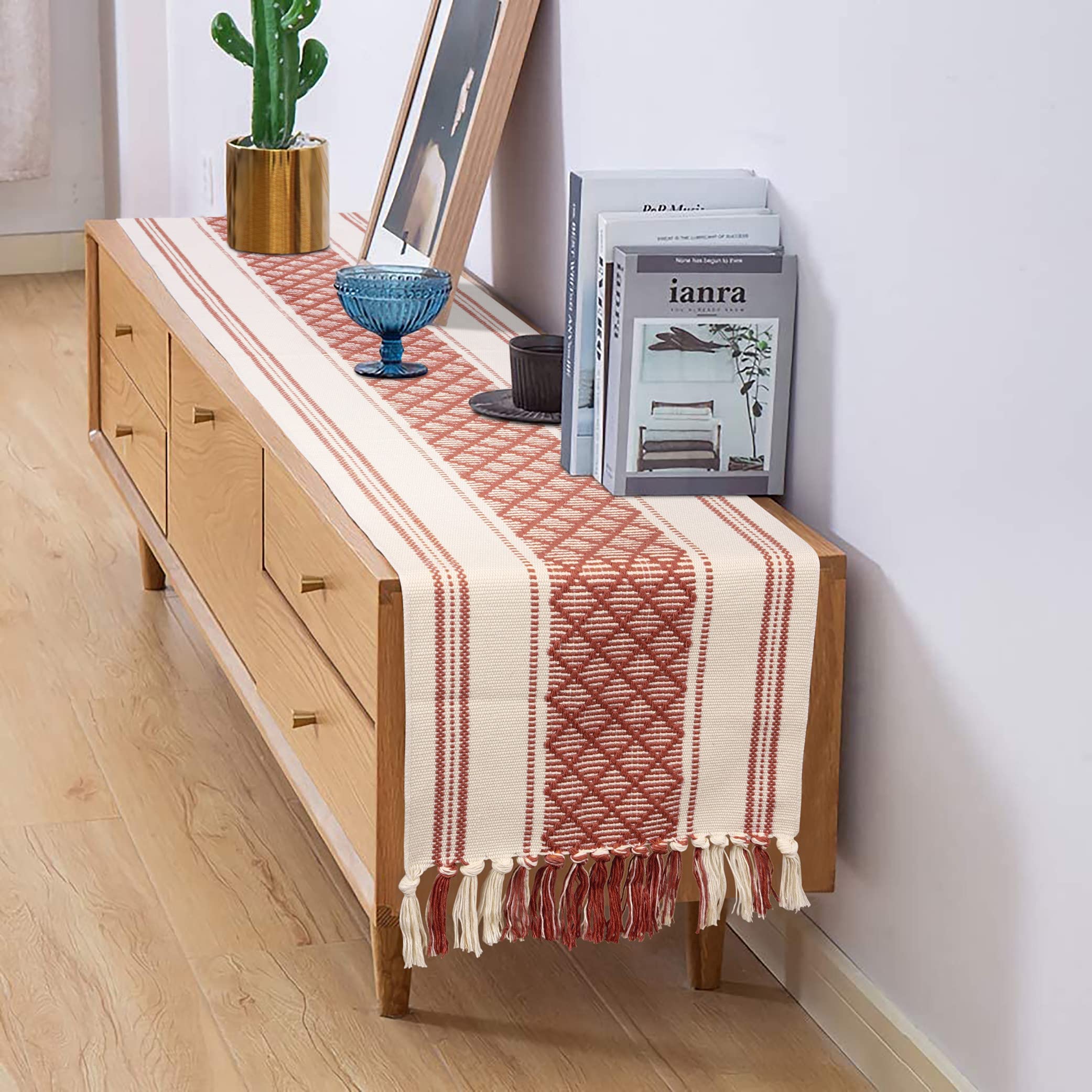 Oveesha Boho Dining Table Runner With Tassels 14 X 90 Inches, Rust Brown & Cream | Woven Washable Dresser Scarf For Bedroom | Fa