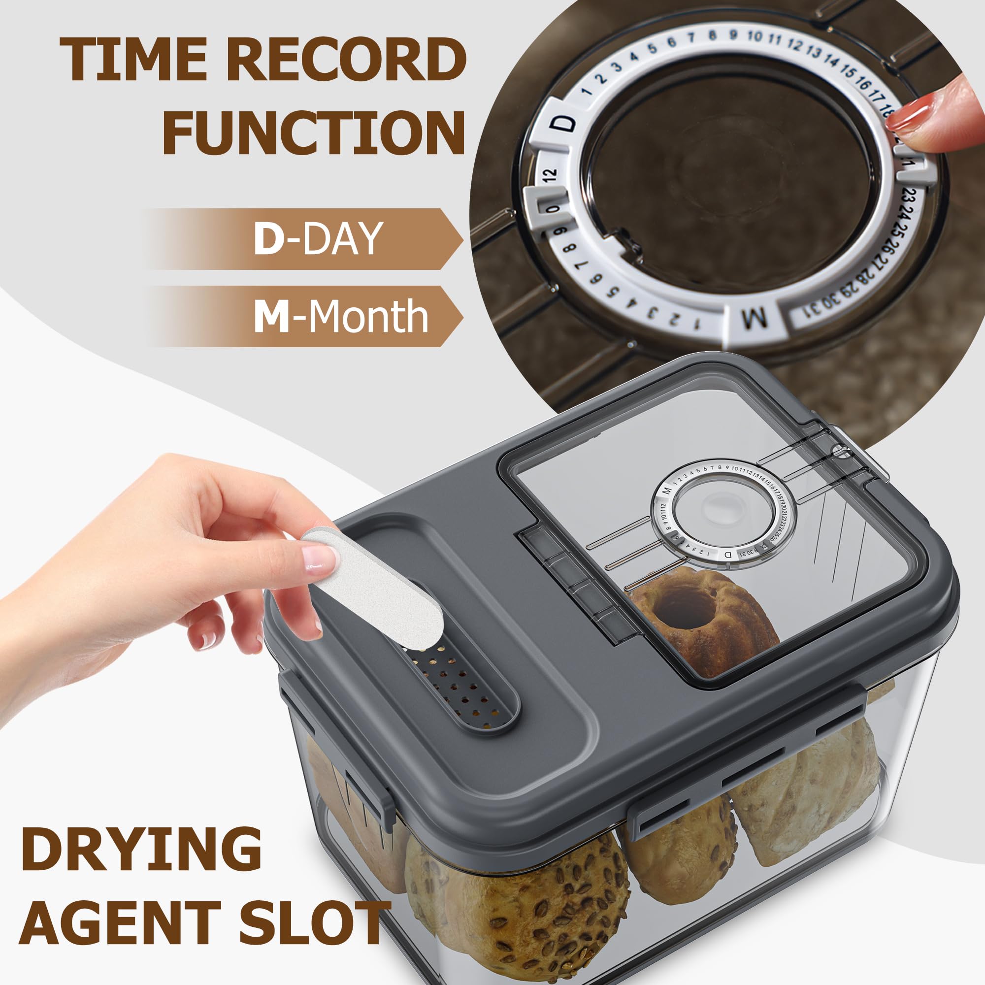 Olimingse Bread Box, 10L Gray Airtight Braed Storage Container, Bread Box For Kitchen Countertop, Time Recording Bread Keeper Wi