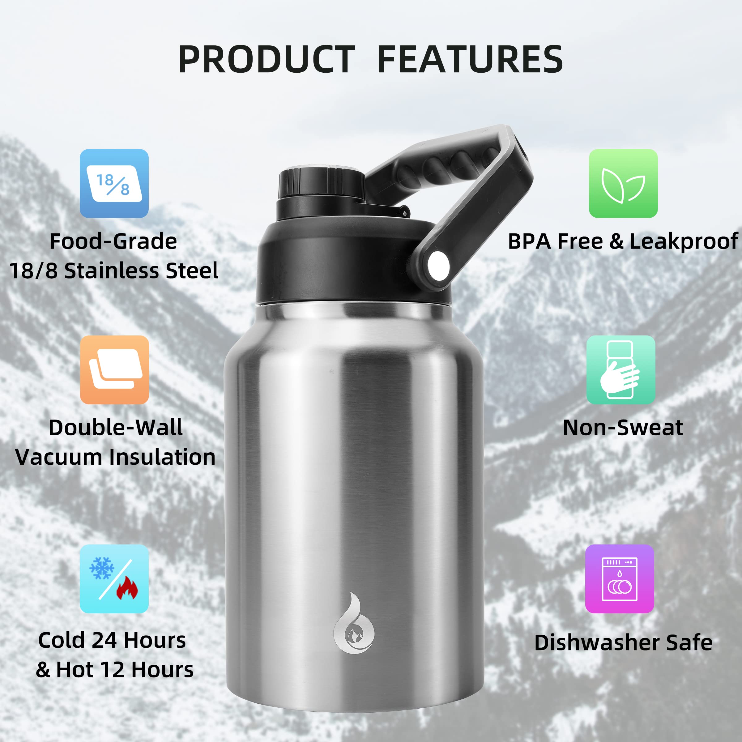 BJPKPK Insulated Water Bottle 64 oz, Stainless Steel, BPA Free, Ergonomic Handle, Dishwasher Safe, Leak Proof