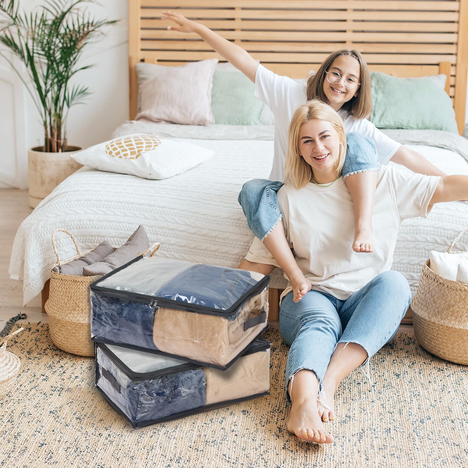 Fixwal 2pcs Clear Clothes Organizer Storage Bags, Foldable Bed Sheet Comforter Storage Bags PVC Organizers with Zipper for Sweat