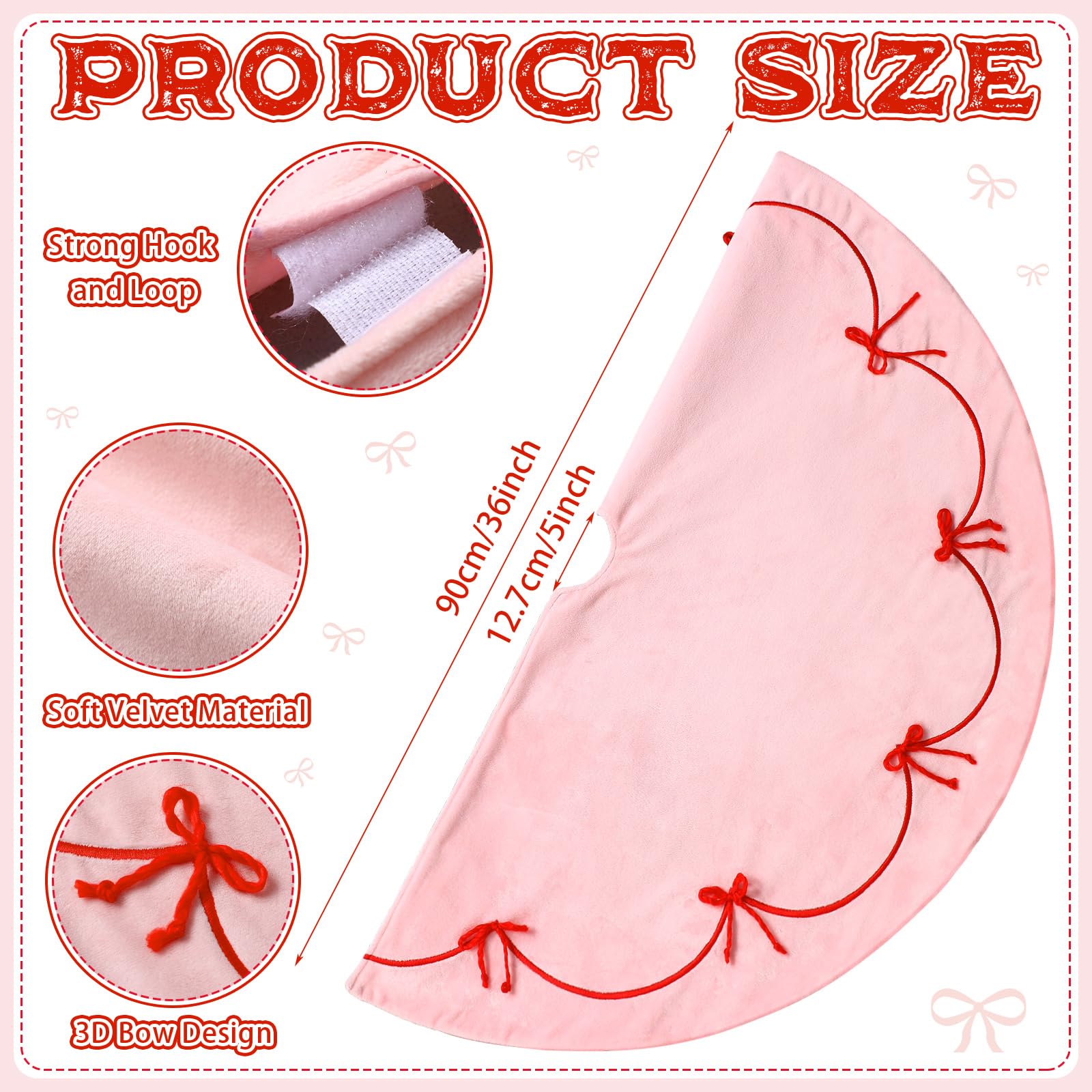 Pink Christmas Tree Skirt, 36 Inch Pink Bows Tree Skirt Velvet Plush Stand Decorations with 3D Red Bows Base Mat Thick Rugs for