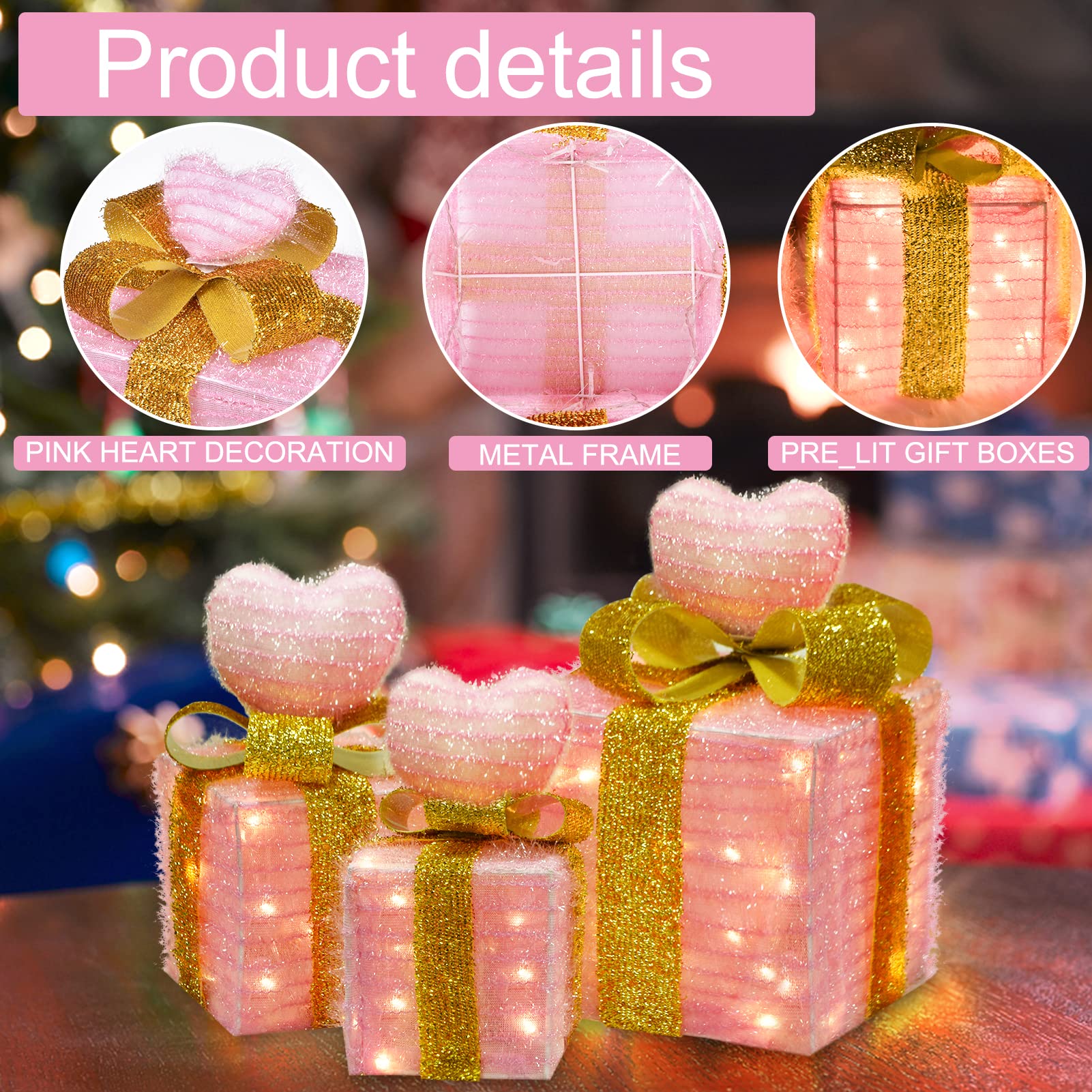 Christmas Light up Gift Boxes, Light up Xmas Boxes with Battery Operated for Christmas Decorations Indoor and Outdoor (3 Pack)