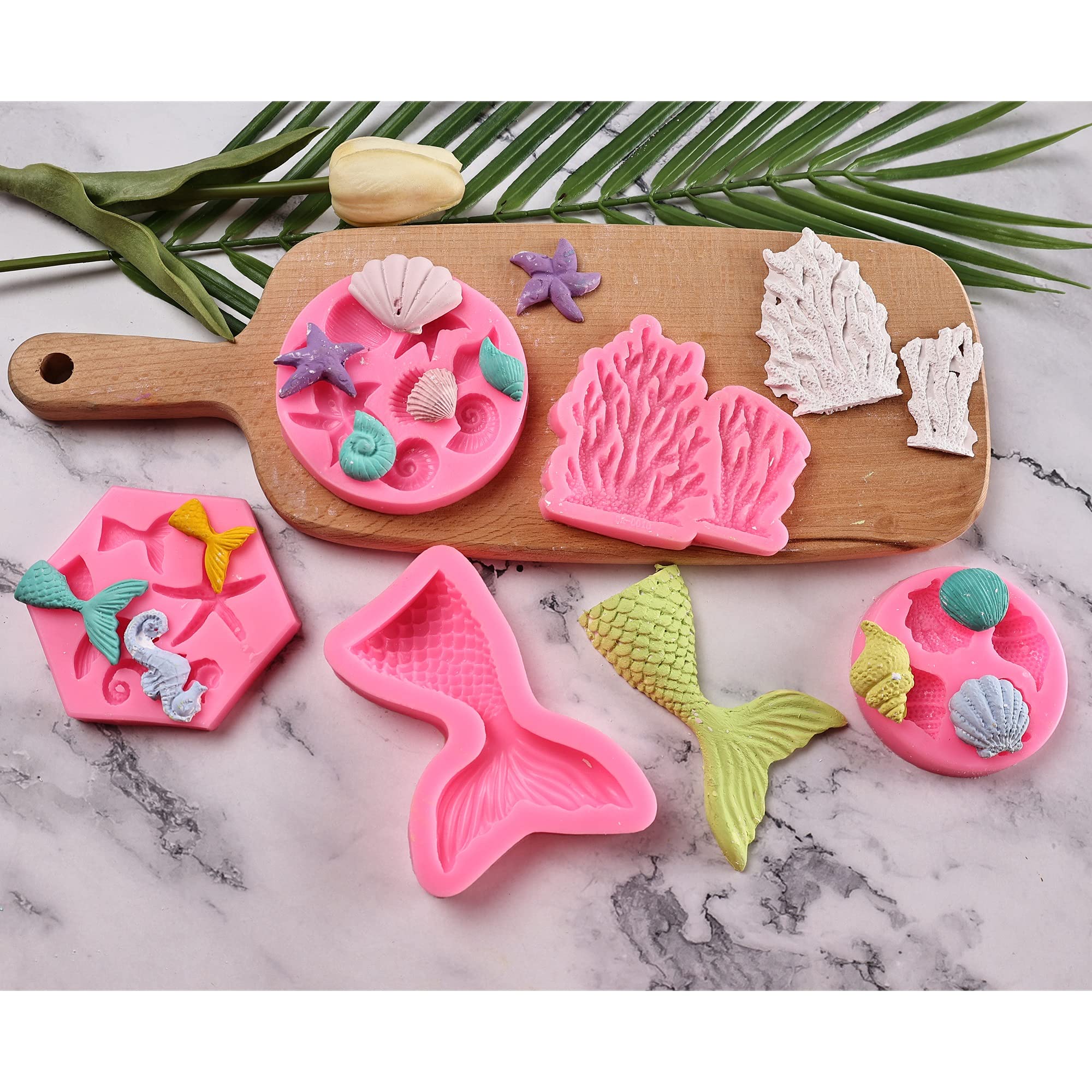 Gelifatle Mermaid Theme Cake Mold, Mermaid, Shell, Seaweed, Coral Silicone Mold Cupcake Toppers Mold For Candy,Chocolate,Fondant