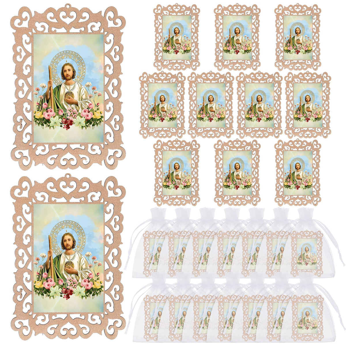 Quelay 24 Pcs Catholic Saint Jude Wooden Picture Frames with Organza G ...