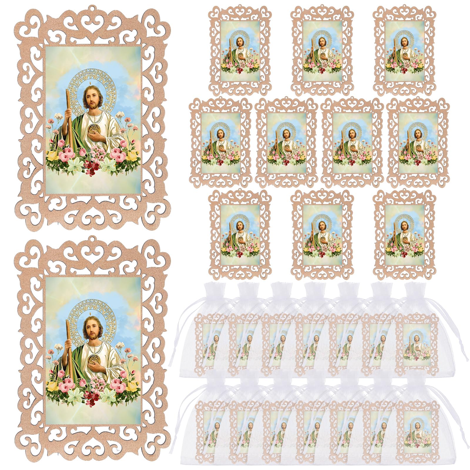 Quelay 24 Pcs Catholic Saint Jude Wooden Picture Frames with Organza Gift Bags Baptism Favors for Guests First Communion Christe
