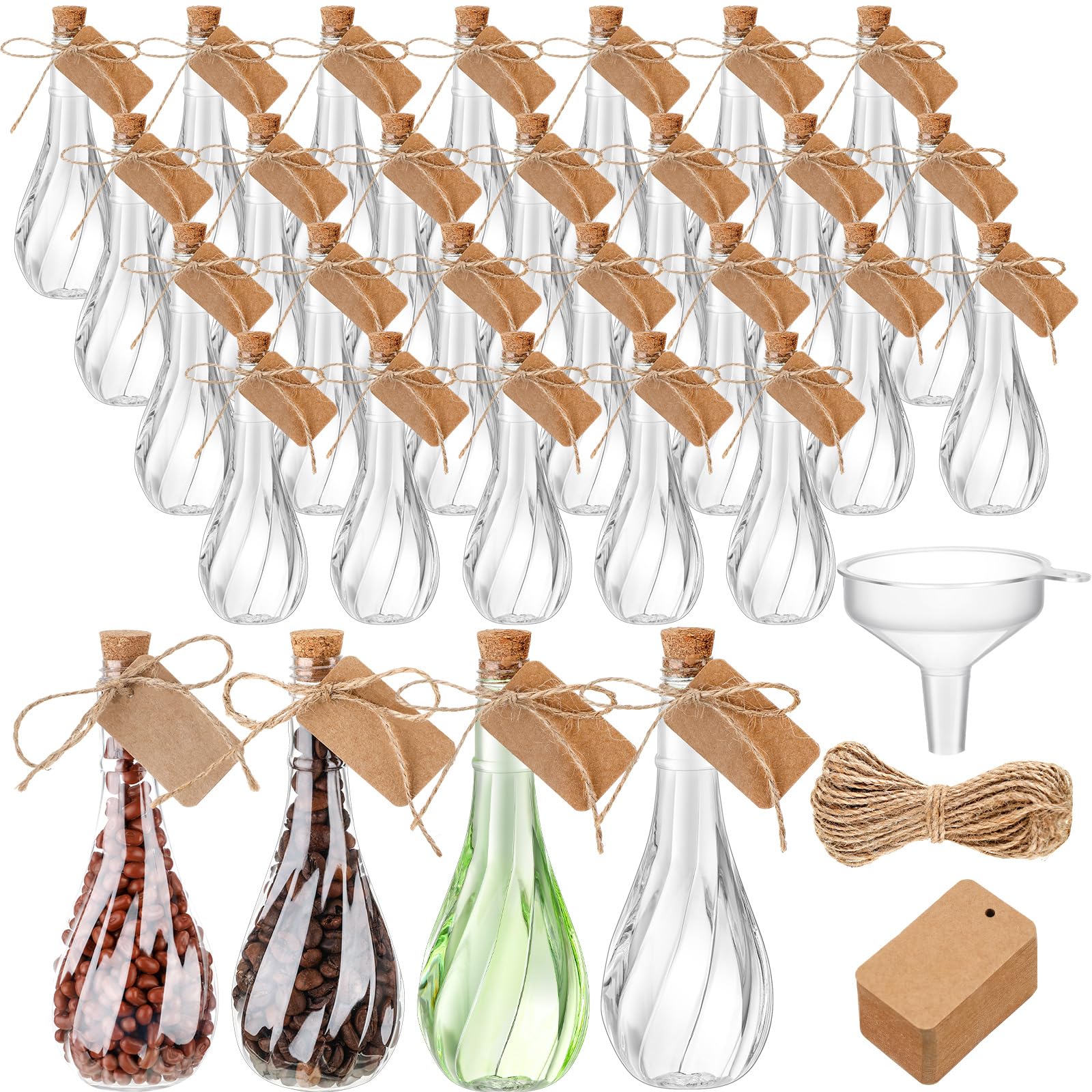 Lounsweer 30 Pack 5 oz Plastic Potion Bottles with Cork Stopper Caps Clear Sand Art Bottles with Twine and Tags Souvenir Jars Bu