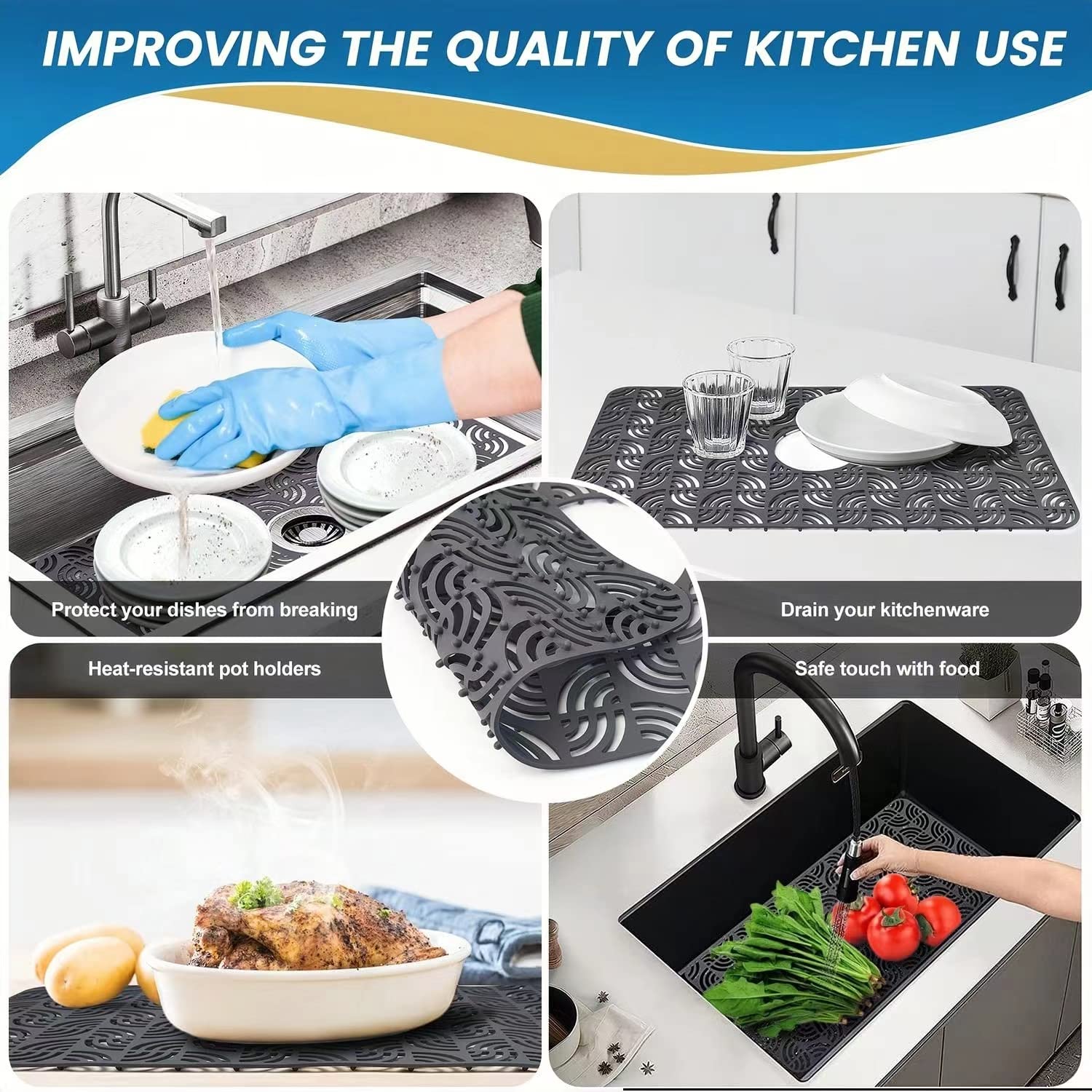 Premium Silicone Sink Protector For Kitchen Sink, 26''X 14''Kitchen Sink Mat Grid With Center Drain, Upgrade Heat Resistant & No