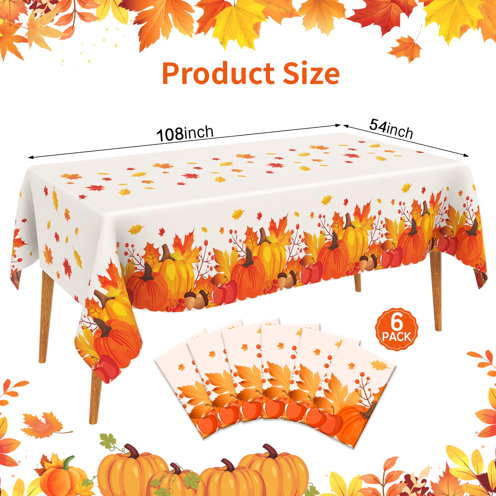 Thanksgiving Tablecloth Disposable 6 Pack, Thanksgiving Decorations for Party Fall Tablecloth Plastic Table Cover 54 x 108 Table