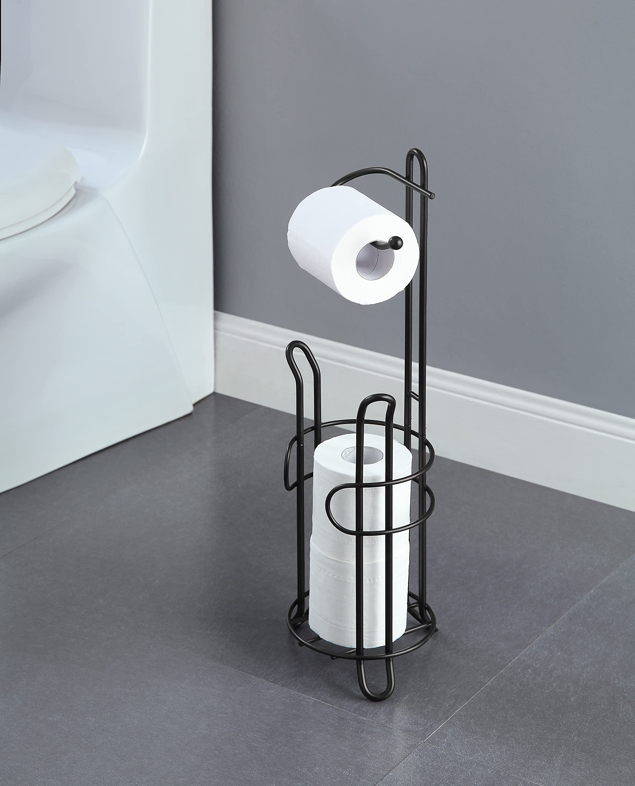 SunnyPoint Bathroom Toilet Tissue Paper Roll Storage Holder Stand with Reserve  The Reserve Area Has Enough Space to Store Mega Rolls (Black)