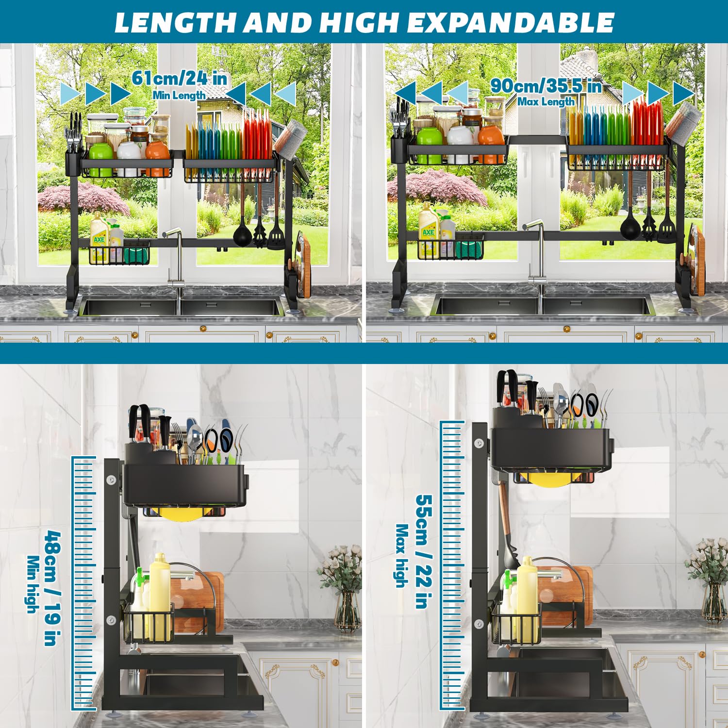 Adbiu Fit Sink 24.5''- 35.5'' L Over Sink Dish Drying Rack (Expandable Dimension) Snap-On Design 2 Tier Large Kitchen Dish Rack