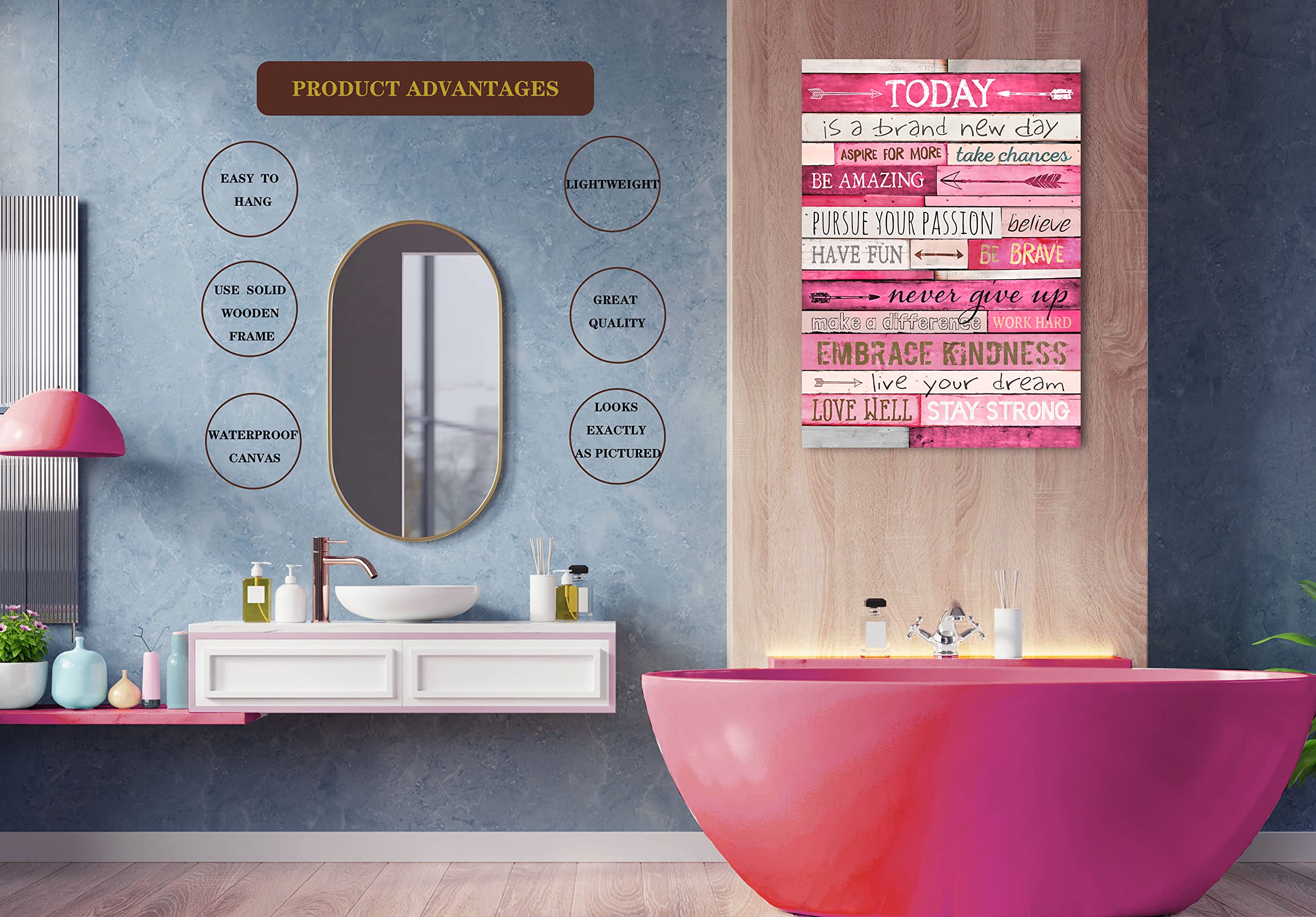THRLVEART Inspirational Wall Decor for Office - Pink Bedroom Wall Art - Motivational Large Canvas Wall Art Ready to Hang Size 36'' W x 24'' H