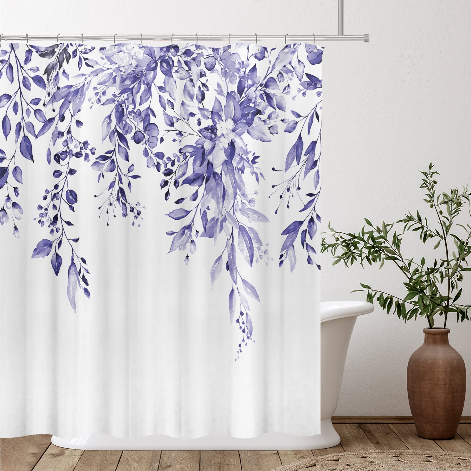 Tititex Very Peri Purple Blue Eucalyptus Shower Curtain Sets, Bright Watercolor Leaves On The Top Plant With Floral Bathroom Dec