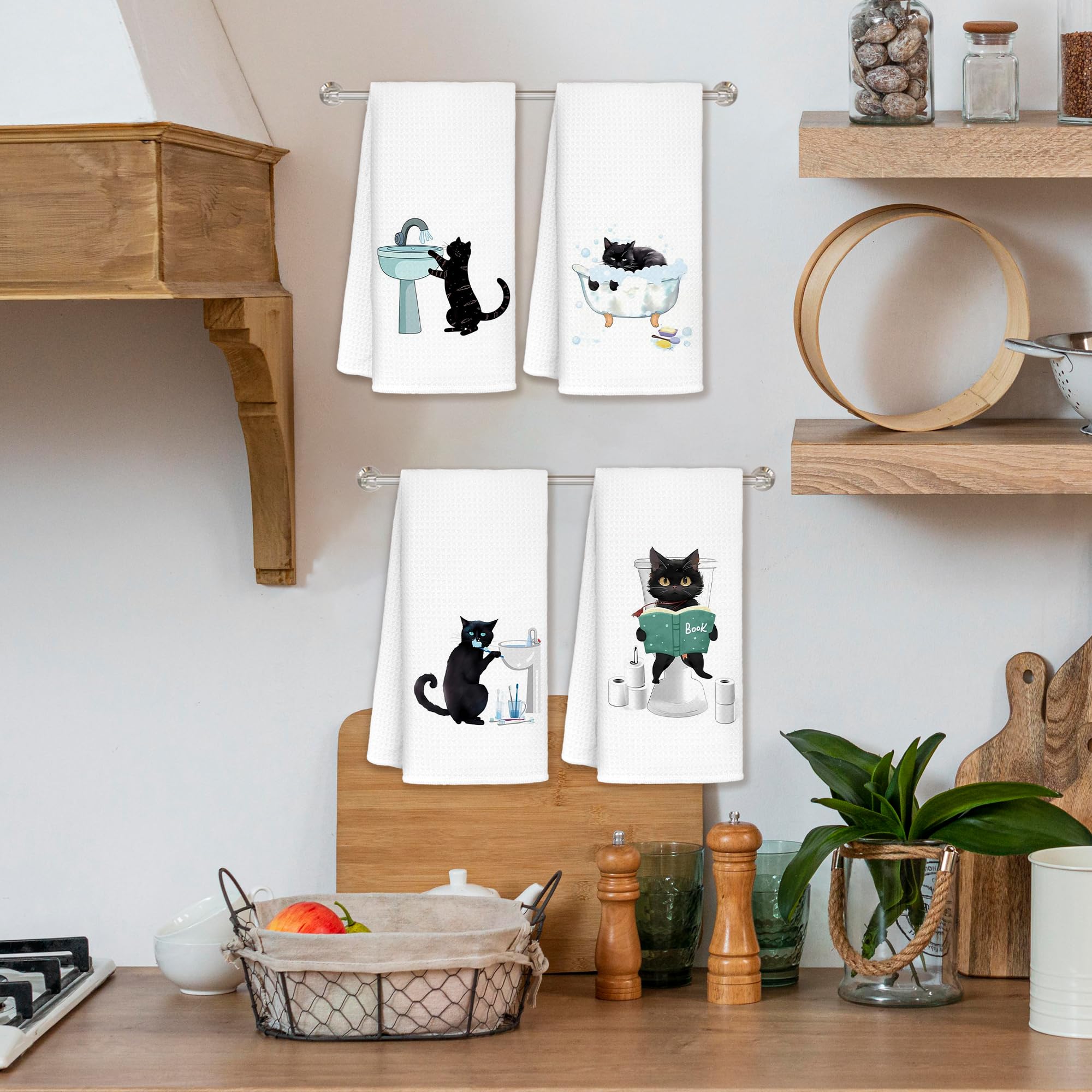 Jvpke Funny cat Hand Towel for Bathroom Set of 4 - Black Cat Decor, Cat Towels for Cat Lovers, cat Lover Gifts for Women, Cat Ba