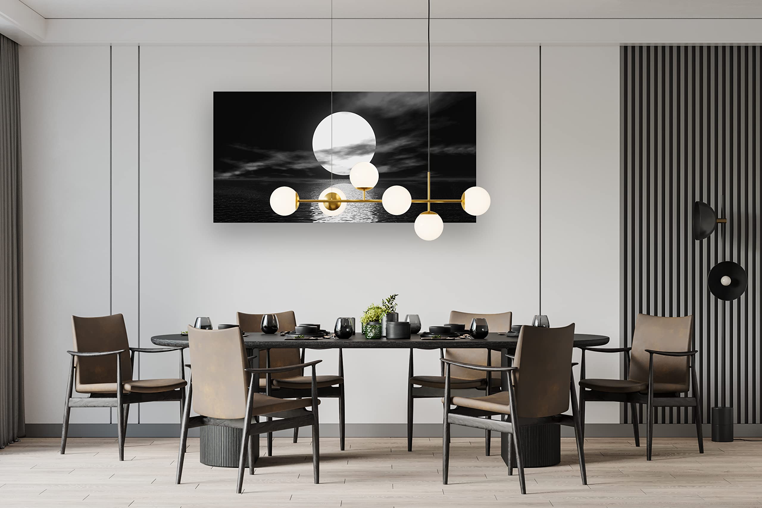 Cao Gen Decor Art S06462 Wall Art Canvas Sea White Full Moon in Night Picture Canvas Poster Print Black and White Ocean for Living Room Bedroom Kitchen Home Decorations Framed Artwork