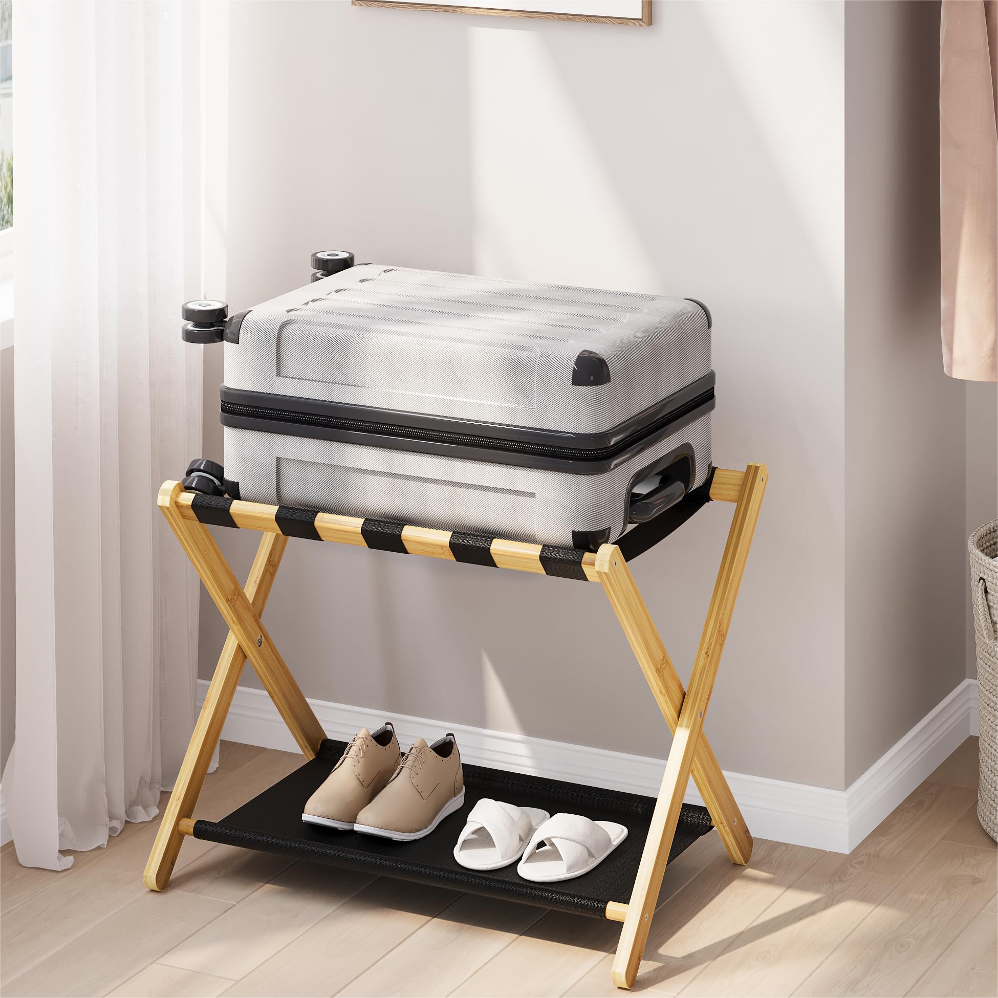 Smart Fendee Luggage Rack, Folding Luggage Rack For Guest Room, Bamboo Suitcase Stand Holds Up To 131 Lb, Luggage Stand With Sto