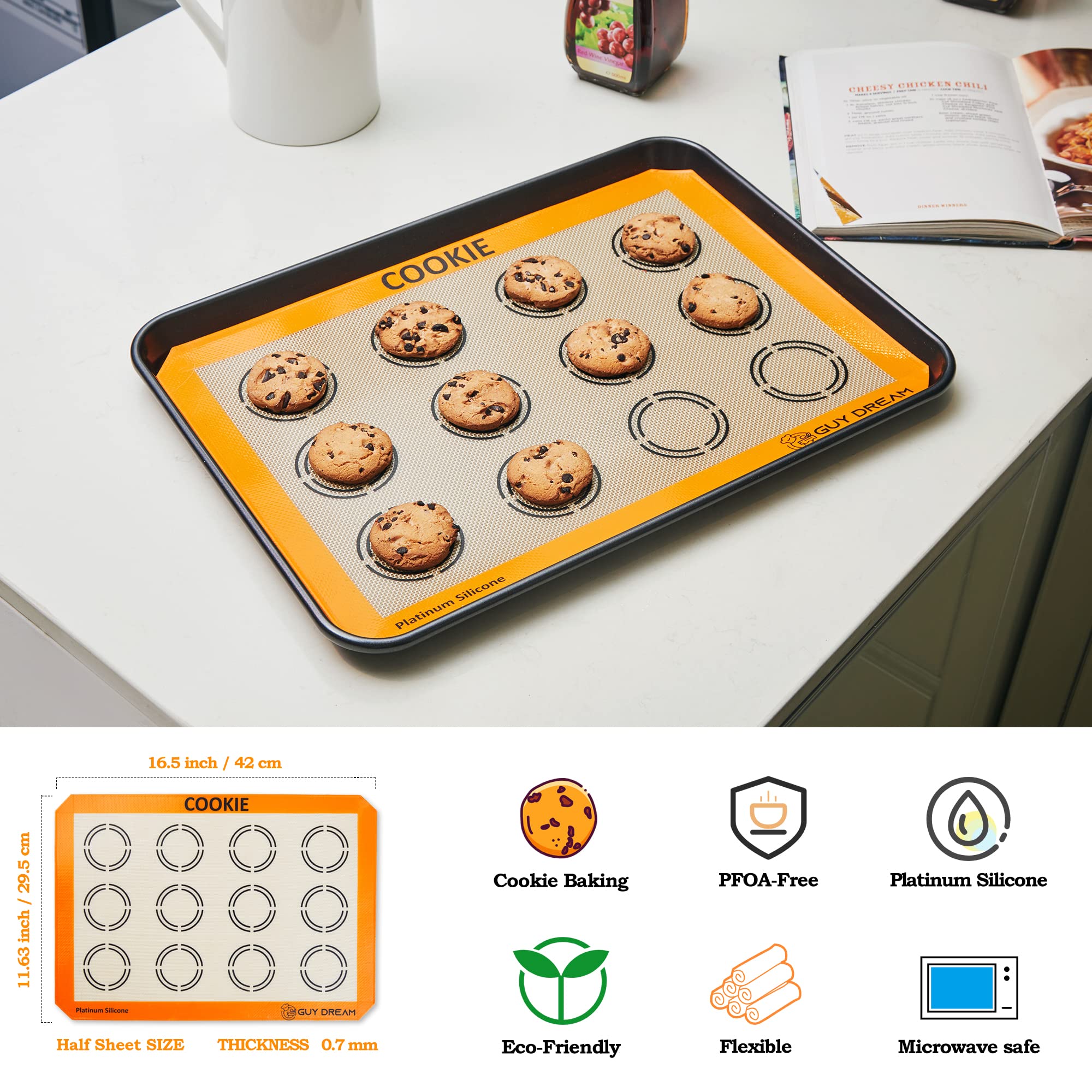 GUY DREAM All-in-One Silicone Baking Mat Set - Kneading Mat, Cookie & Macaron Half Sheet Mat, 1/4 Sheet Mat, Square & Round Cake