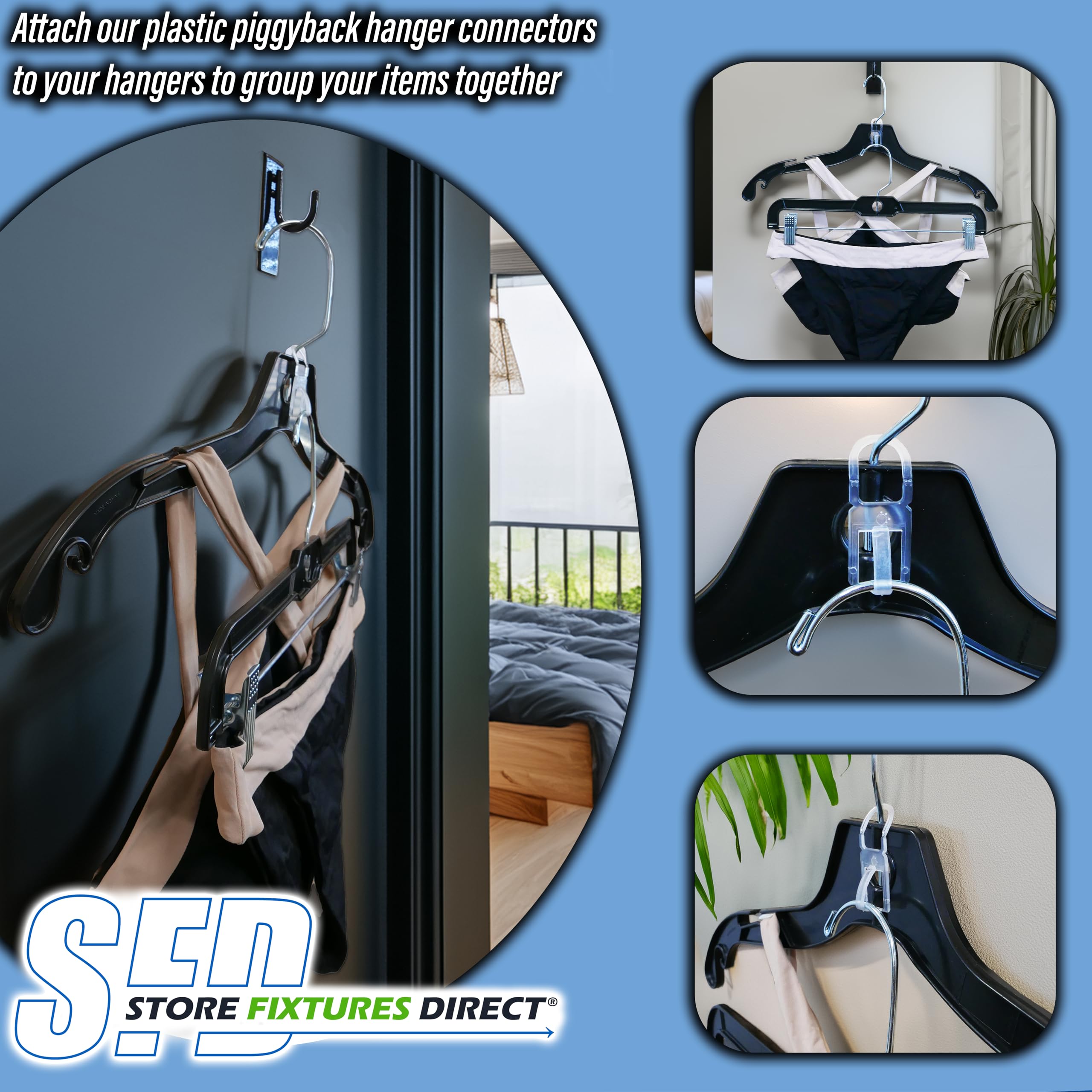 Plastic Piggy Back Clothing Hanger Connectors  Clothes Hanger Combiner/Joiners  100 Pack