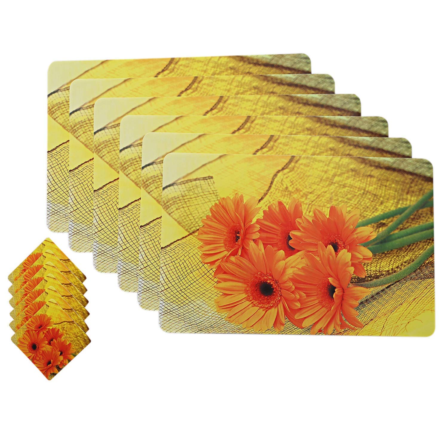 Kuber Industries Sun Flower Design Pvc 6 Piece Dining Table Placemat Set With Tea Coasters - Multicolour