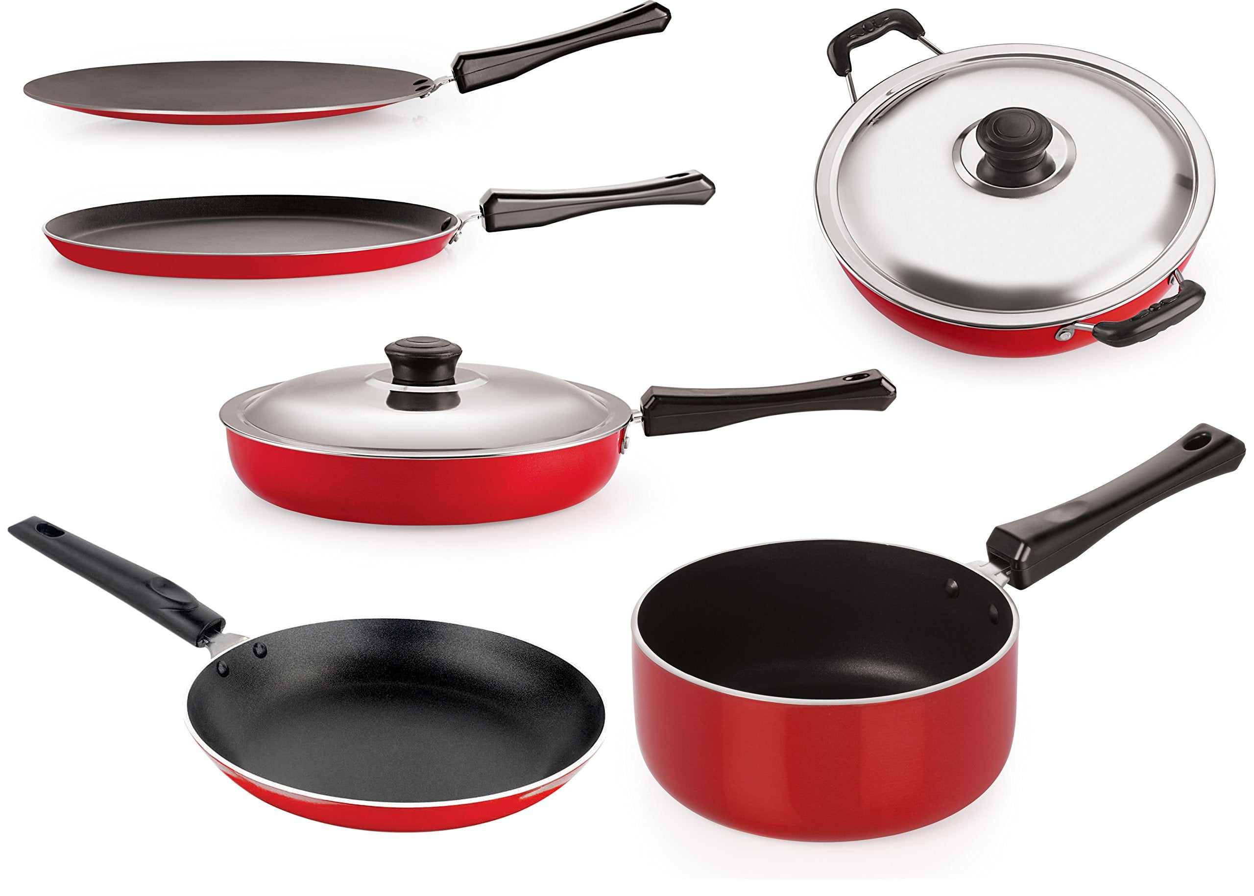 Nirlon Nonstick Cookware Set Standard,6Pieces,Black And Red