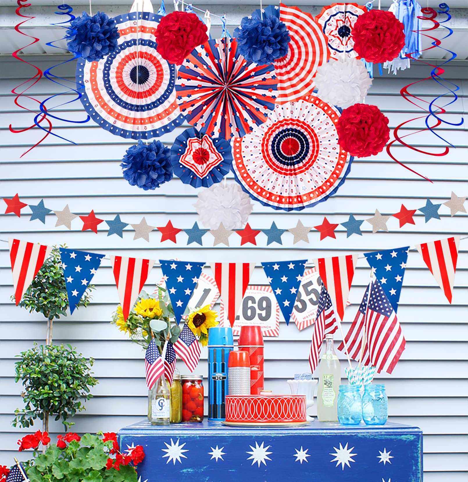 29PCS 4th/Fourth of July Patriotic Decorations Set - Red White Blue Paper Fans,USA Flag Pennant,Star Streamer,Pom Poms,Hanging S