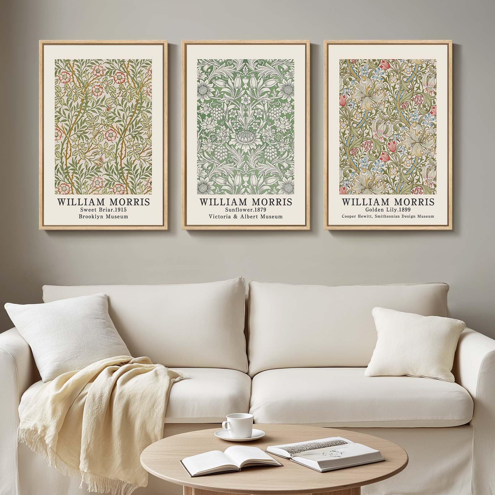 Framed William Morris Canvas Wall Art For Living Room - 3 Piece Large Vintage Sage Green Artwork For Walls Nature-Inspired Rusti