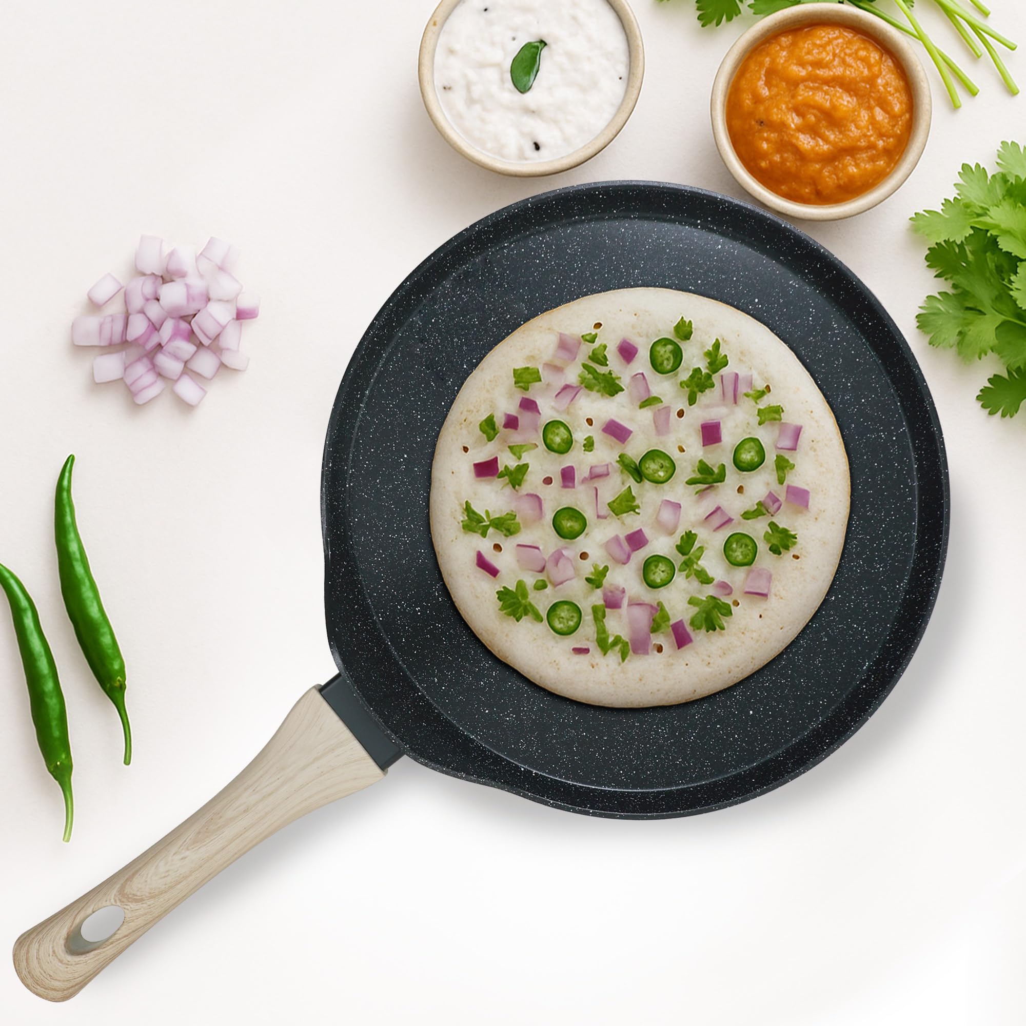 SOLARA Belmont Ceremic Dosa Tawa Non Stick Pan 28cm, Dosa Tawa Induction Base & Gas Compatible with Soft-Touch Handles, Flat Dos