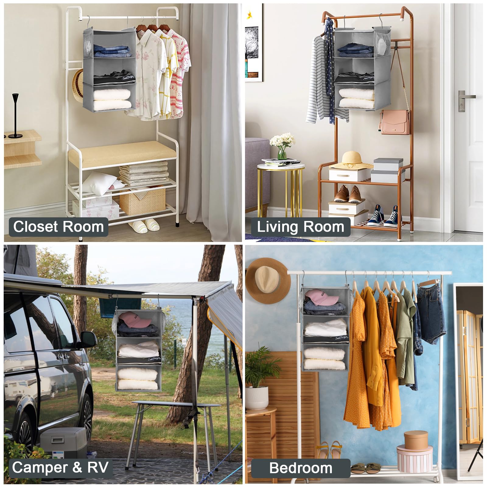 Max Houser 3 Tier Shelf Hanging Closet Organizer, Closet Hanging Shelf With 2 Sturdy Hooks For Storage, 2 Pack, Foldable (Grey)