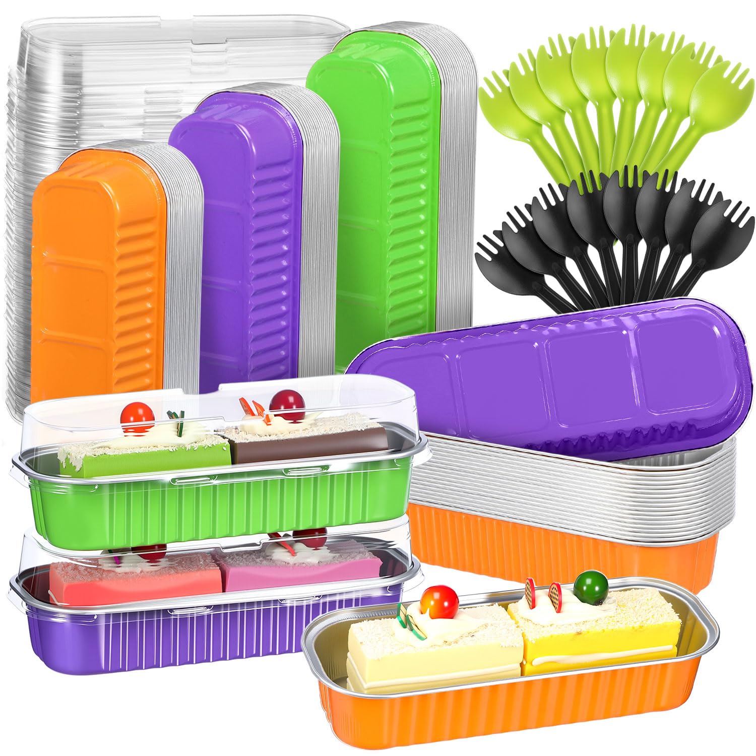 Vesici 60 Pcs Mini Loaf Pans Foil Lids and Spoons, Orange, Purple, Green