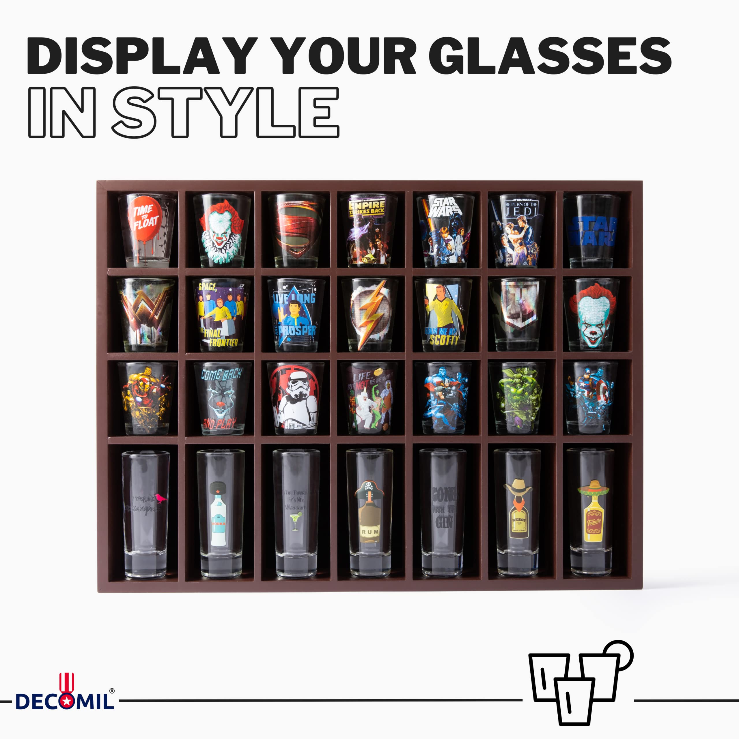 Decomil Shot Glass Display Case For Wall & Free Standing, Shot Glass Holder For Tall Shot Glasses/Shooter Display, For 28 Glass,