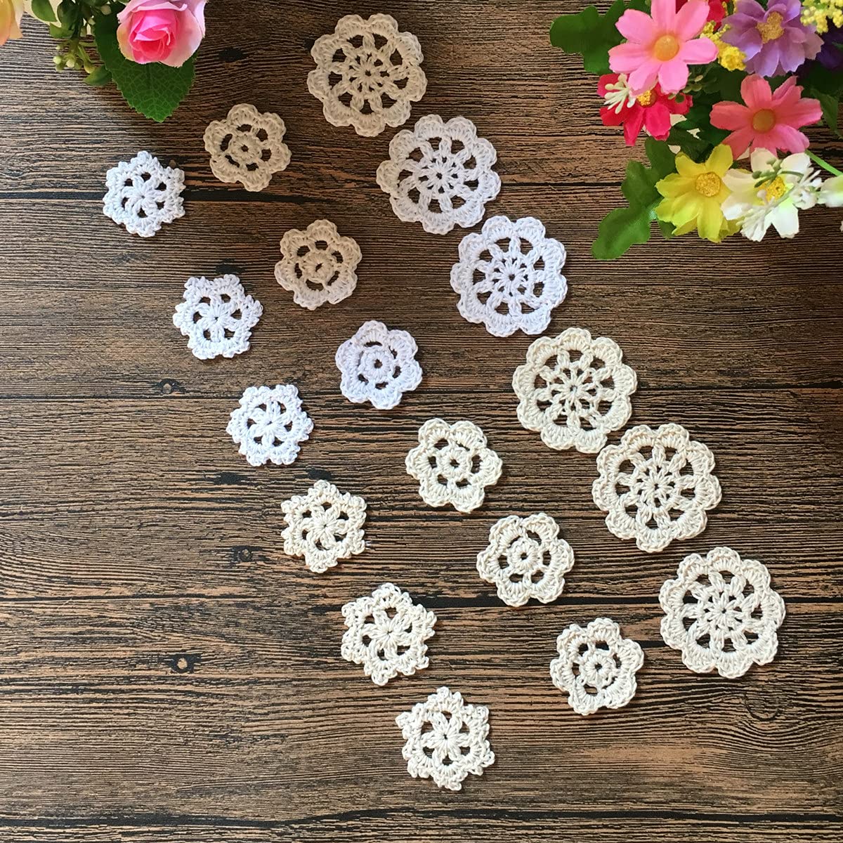 Mindplus Super Mini Doilies 1-2 Inches White Beige Cotton Small Hand Crochet Petals Lace Doilies For Crafts,Set Of 18