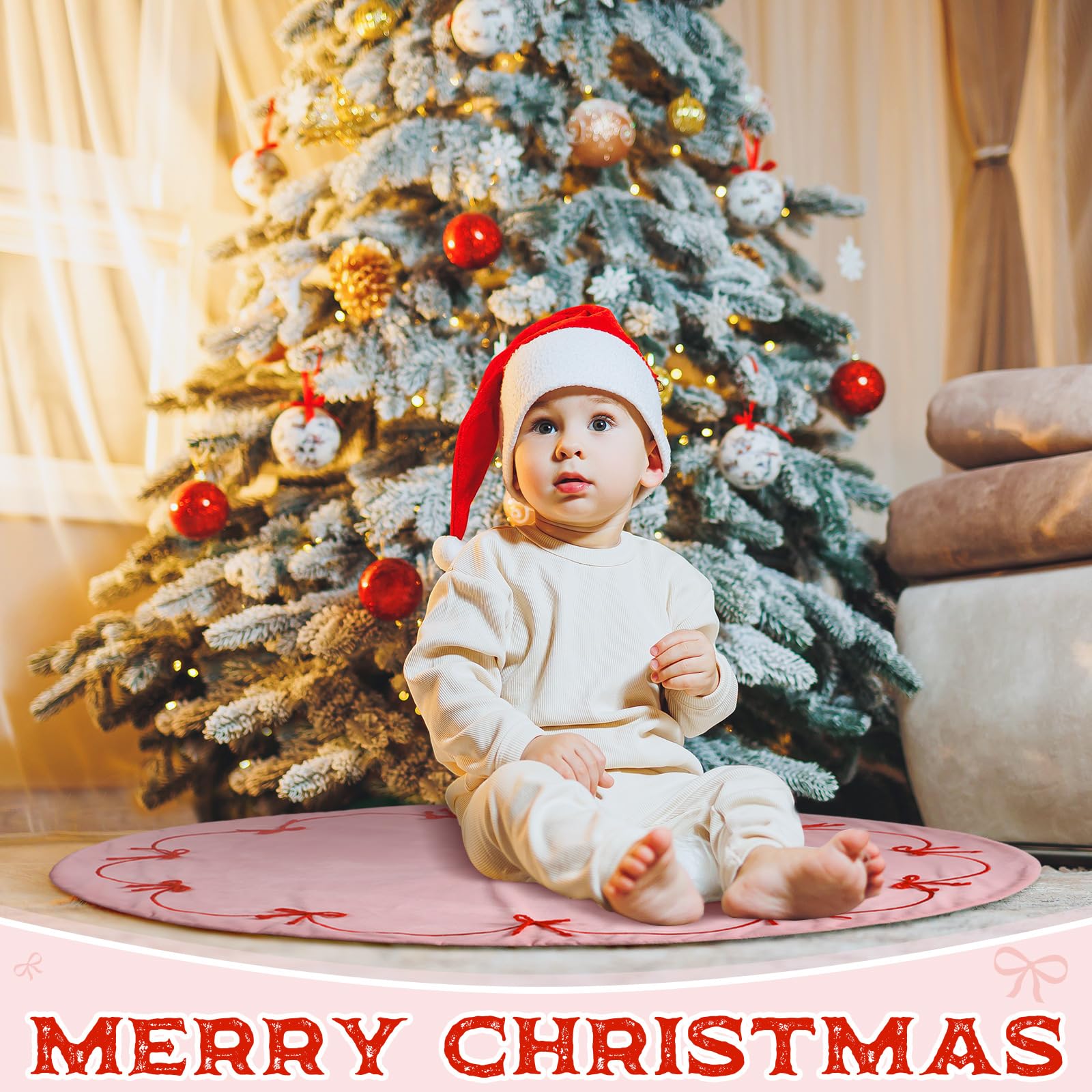 Pink Christmas Tree Skirt, 36 Inch Pink Bows Tree Skirt Velvet Plush Stand Decorations with 3D Red Bows Base Mat Thick Rugs for