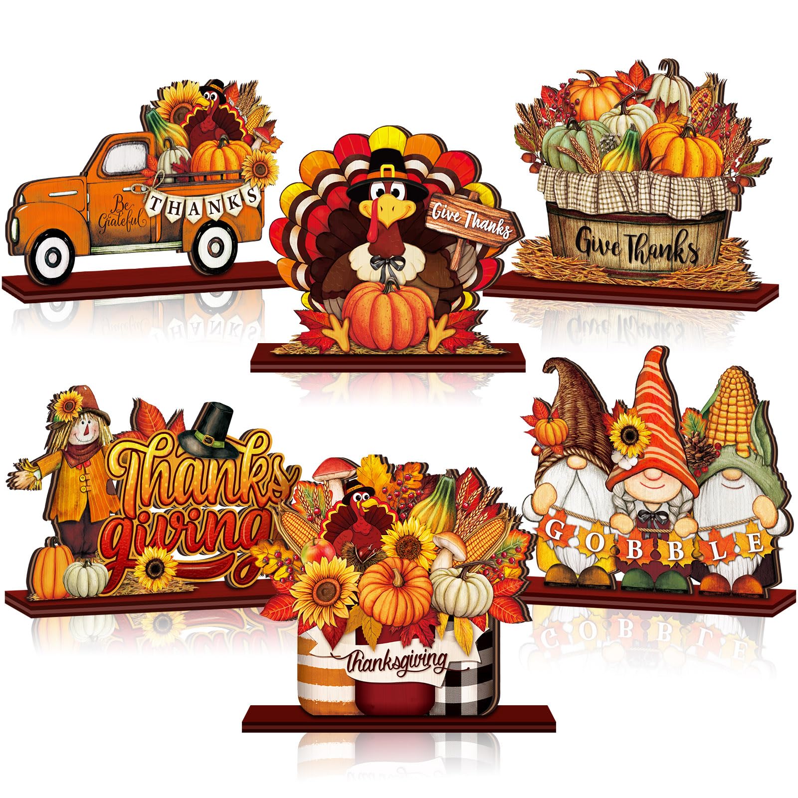 Cinnvoice 6 Pcs Thanksgiving Day Wooden Table Decorations Wood Tabletop Sign Centerpiece Rustic Decorations for Office Desk Farm