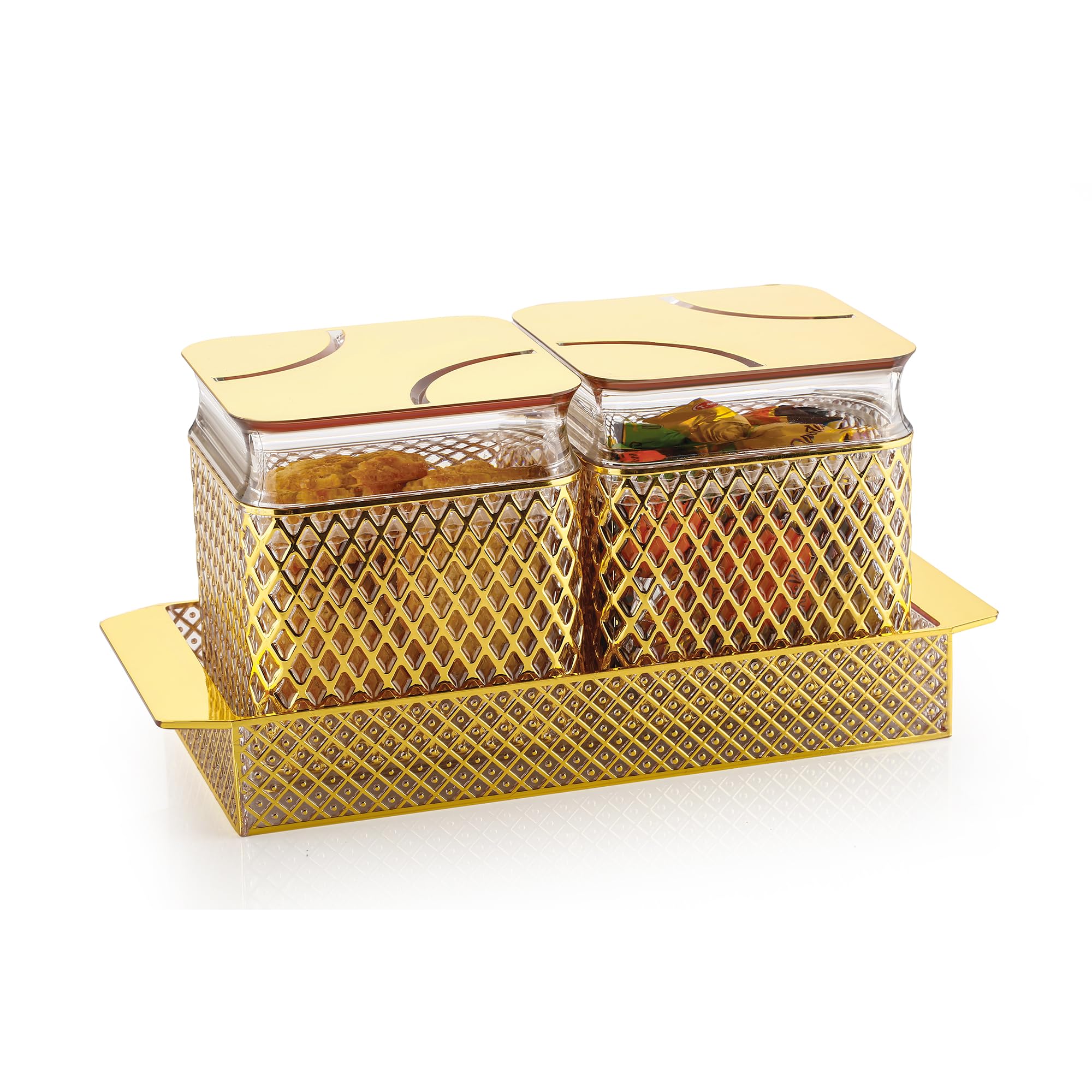 Pearlpet Fiesta AirTight Dry Fruit Container Tray Set With Lid & Serving Tray, Airtight Gift Set, 500 Ml, Set Of 2, Golden