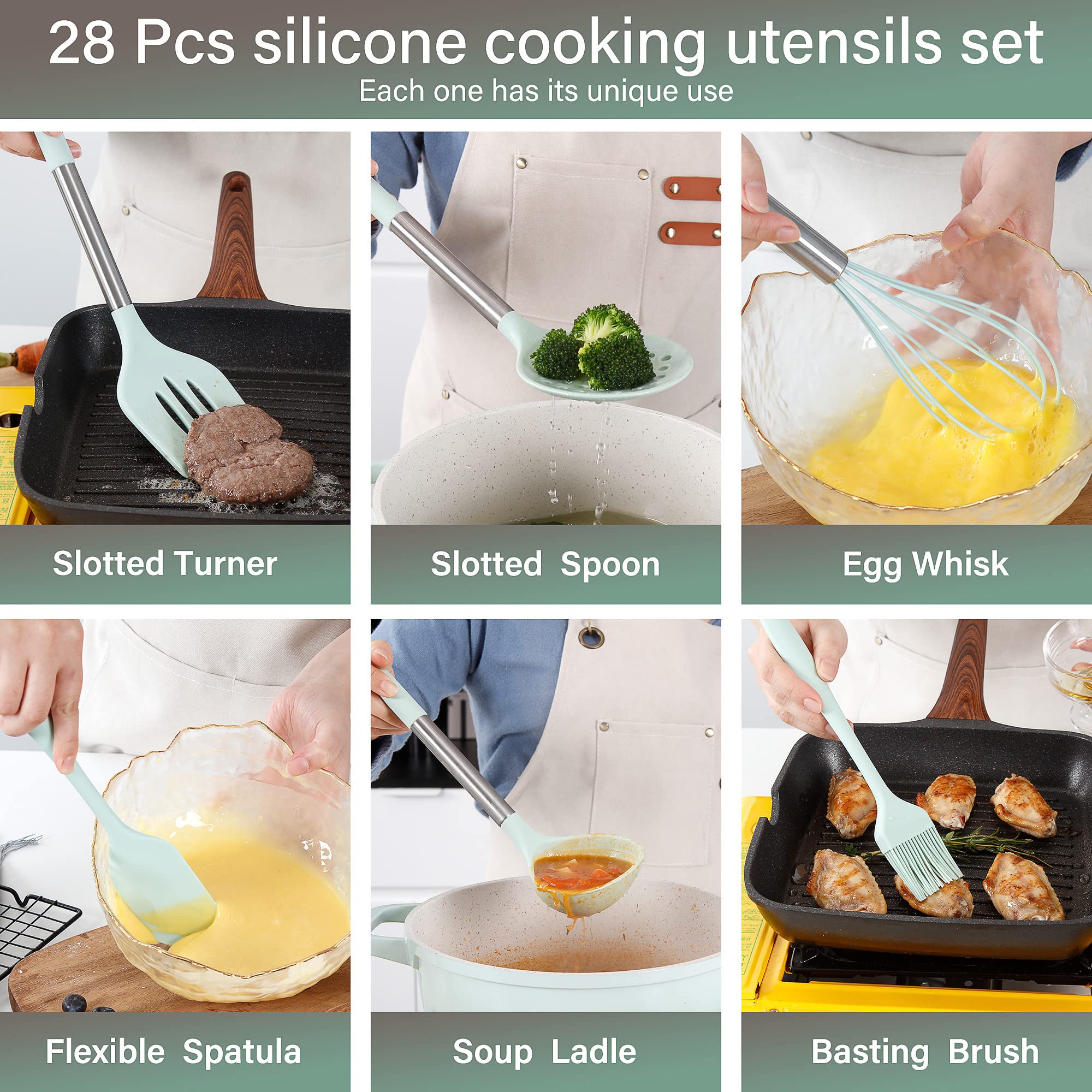 QMVESS 28 Pcs Silicone Cooking Utensils Set, Heat Resistant, Light Green, Stainless Steel Handles, Medium Size, Model QMB001