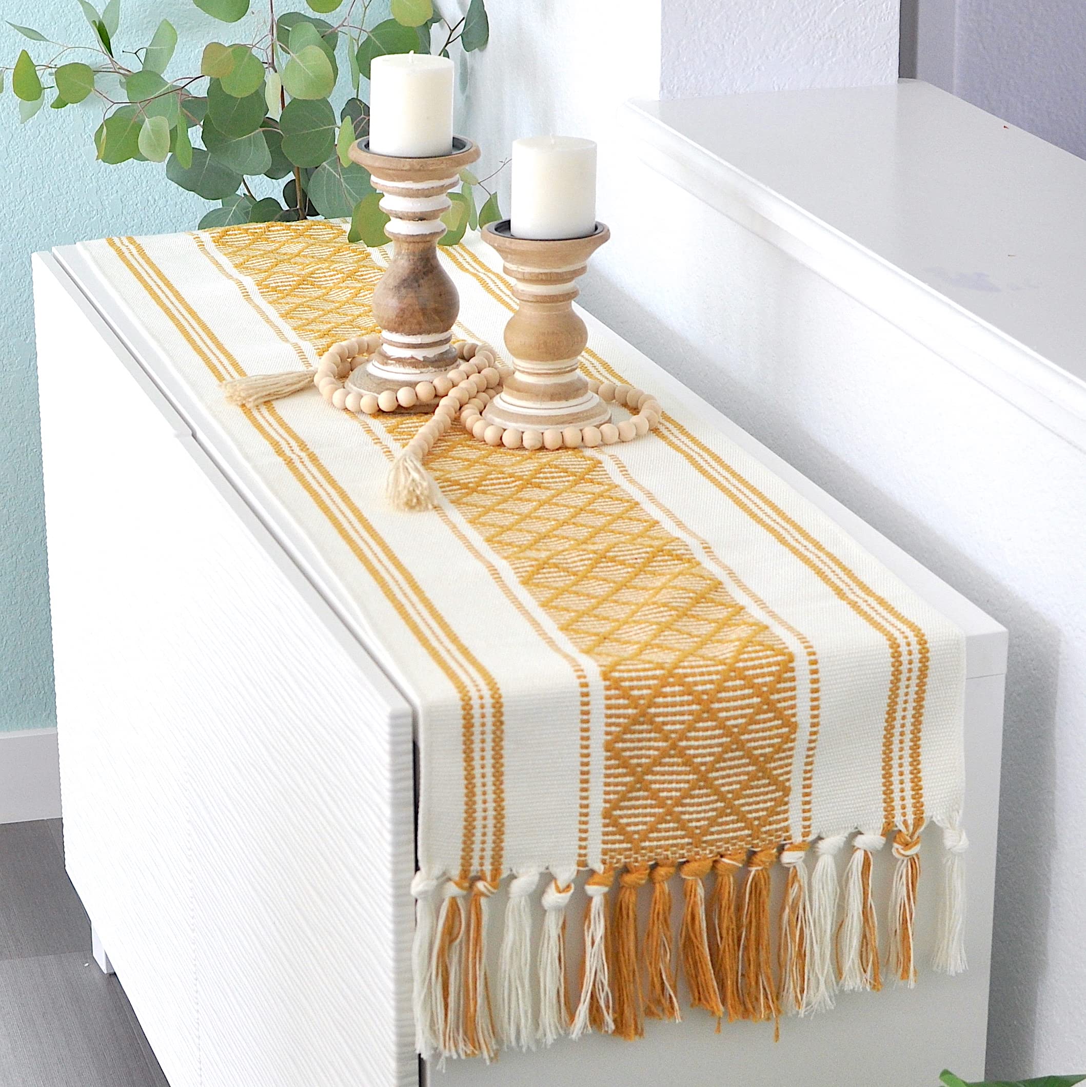 Oveesha Small Coffee Table Runner With Fringe 14 X 48 Inches, Mustard Yellow & Cream White/Woven Dresser Scarf/Farmhouse Coffee