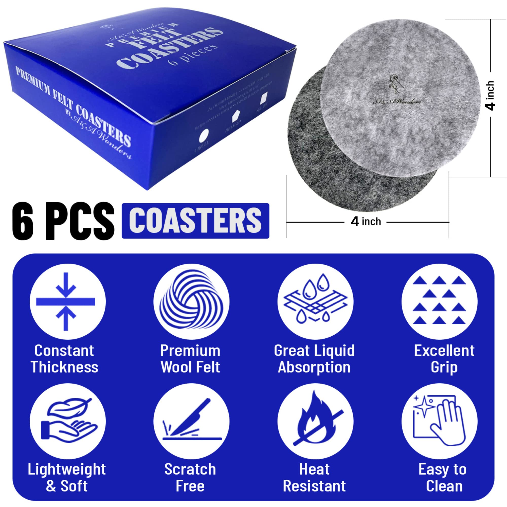 A&A Wonders Absorbent Premium Felt Coasters Set Of 6 For Drink, Absorbent Felt Protects Furniture, Table, Anti Slip, Suitable Fo