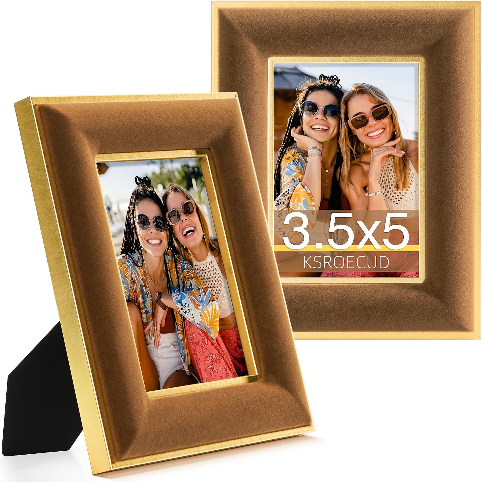 KSROECUD 3.5x5 Velvet Picture Frame, Brown Photo Frames with Modern Simple Metallic Gold Border, HD Real Glass Horizontal & Vert