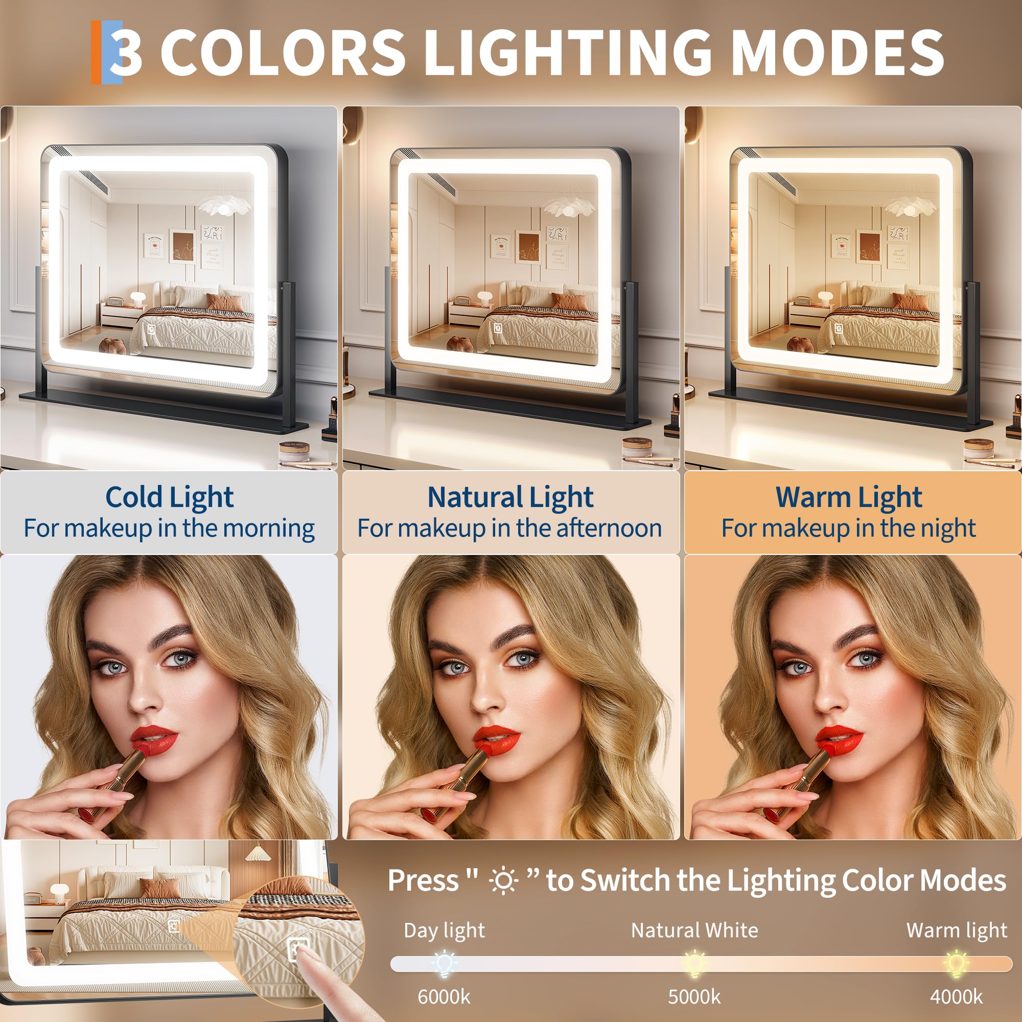 19.6X15.7 Vanity Mirror With Lights, Large Lighted Mirror, Led Makeup Mirror With 3-Color Dimmable Modes And Smart Touch Control