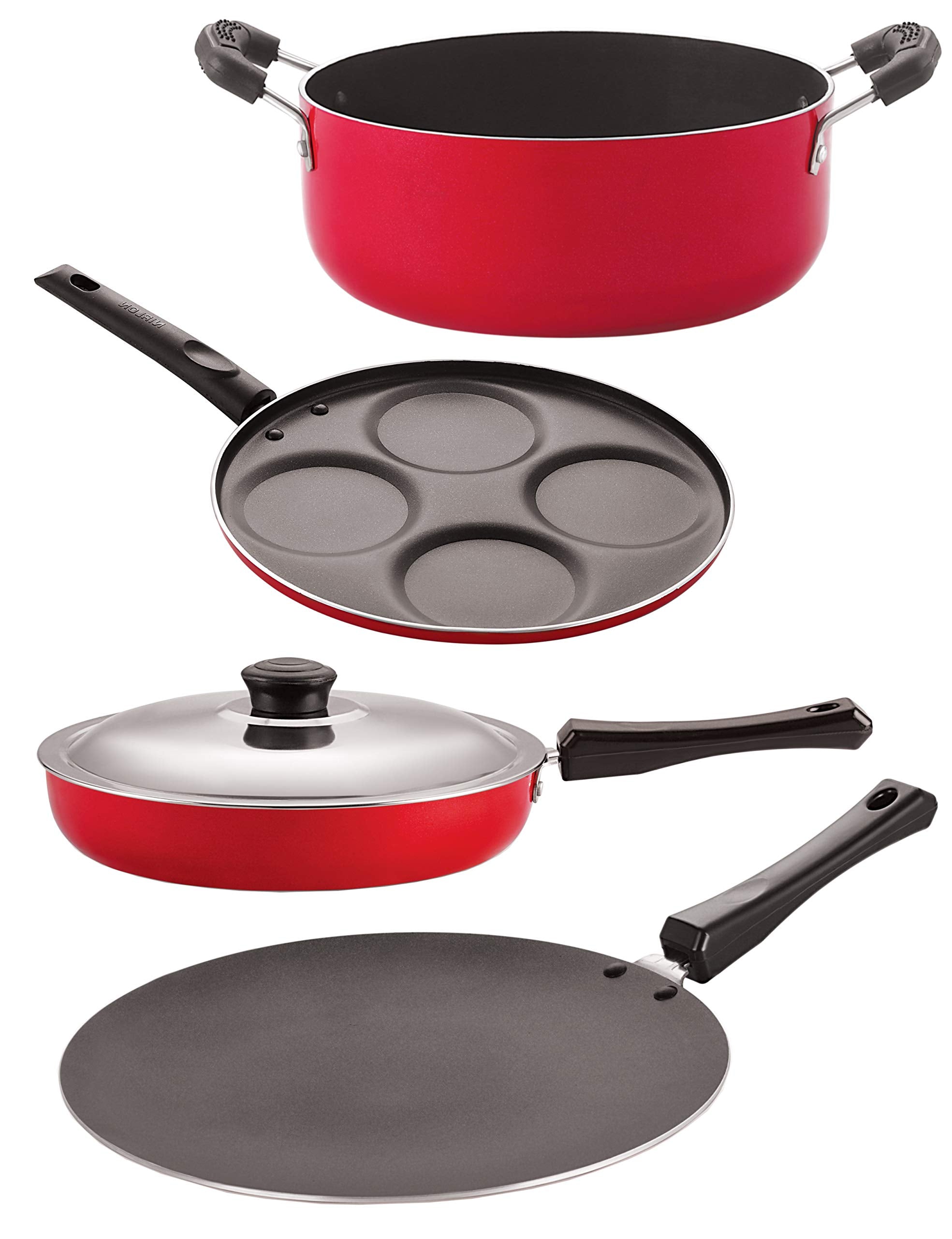 Nirlon Nonstick Cookware Combo Casserole/Uttapam Pan/Fry Pan With Lid/Concave Roti Tawa  Set Of 5 (Red And Black)