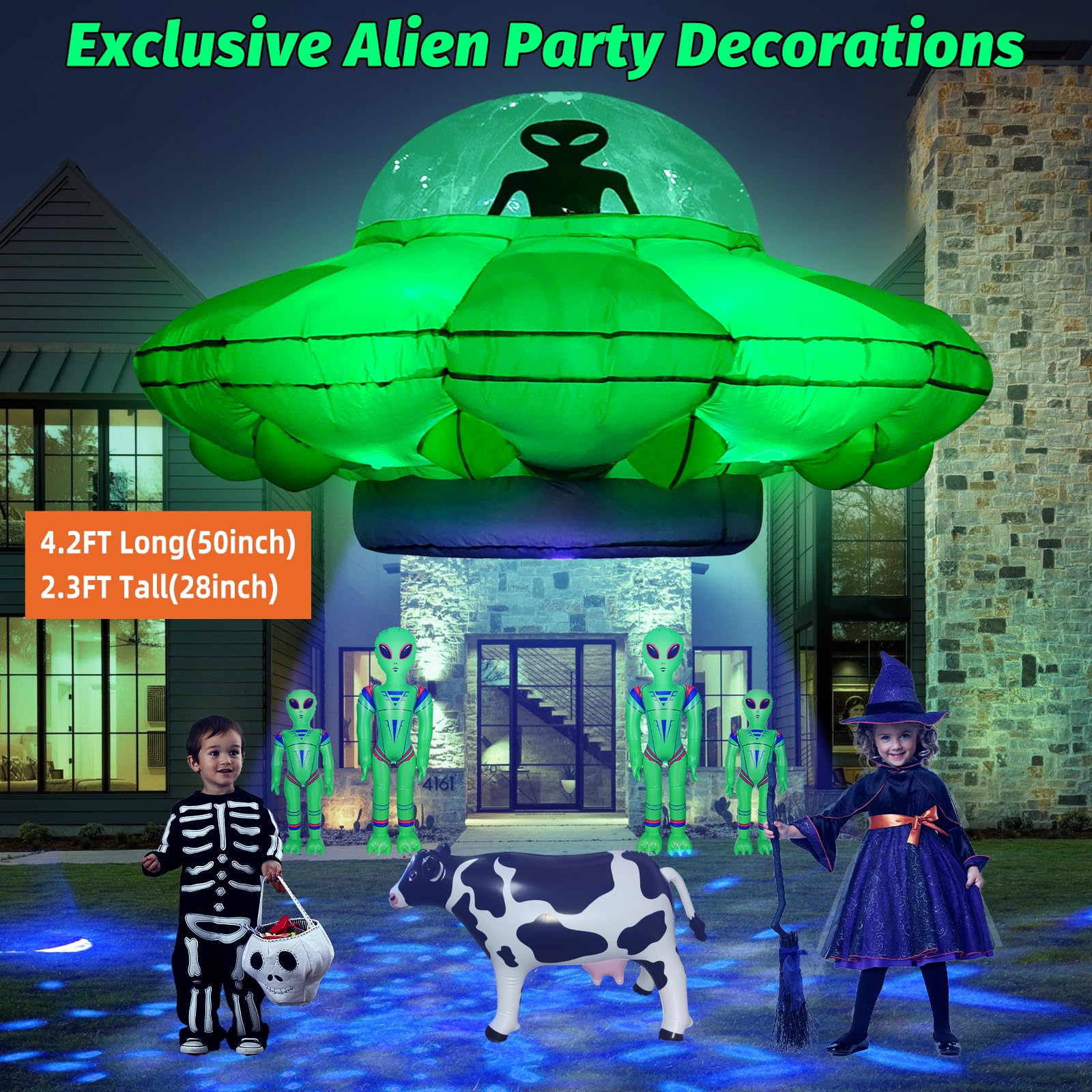 Alien Party Decorations 4.2FT Hanging Alien UFO Cow Abduction Inflatable with Cow&2pcs Jumbo Alien Halloween Inflatable UFO Buil