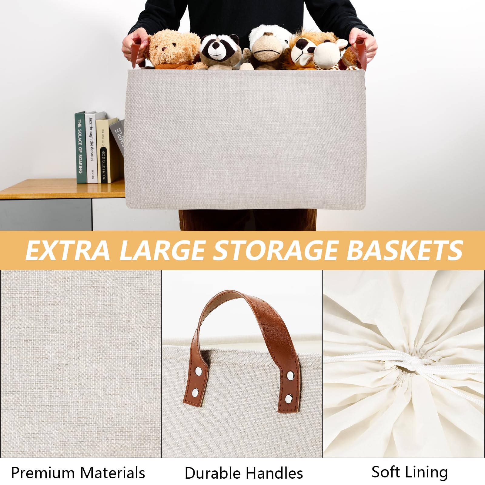 Dullemelo Large Beige Storage Basket 70L Oversized Canvas Fabric Storage Bin, Collapsible Rectangular Toys Basket Organizer With