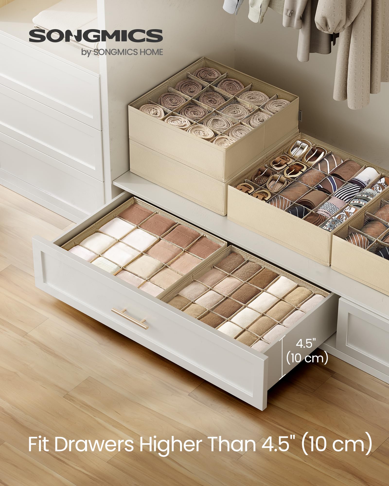 SONGMICS Set of 4 Drawer Organizers, Closet Organizers for Underwear, 80 Cells, Foldable Sock Holders, 11.8 x 11.8 x 3.9 Inches,