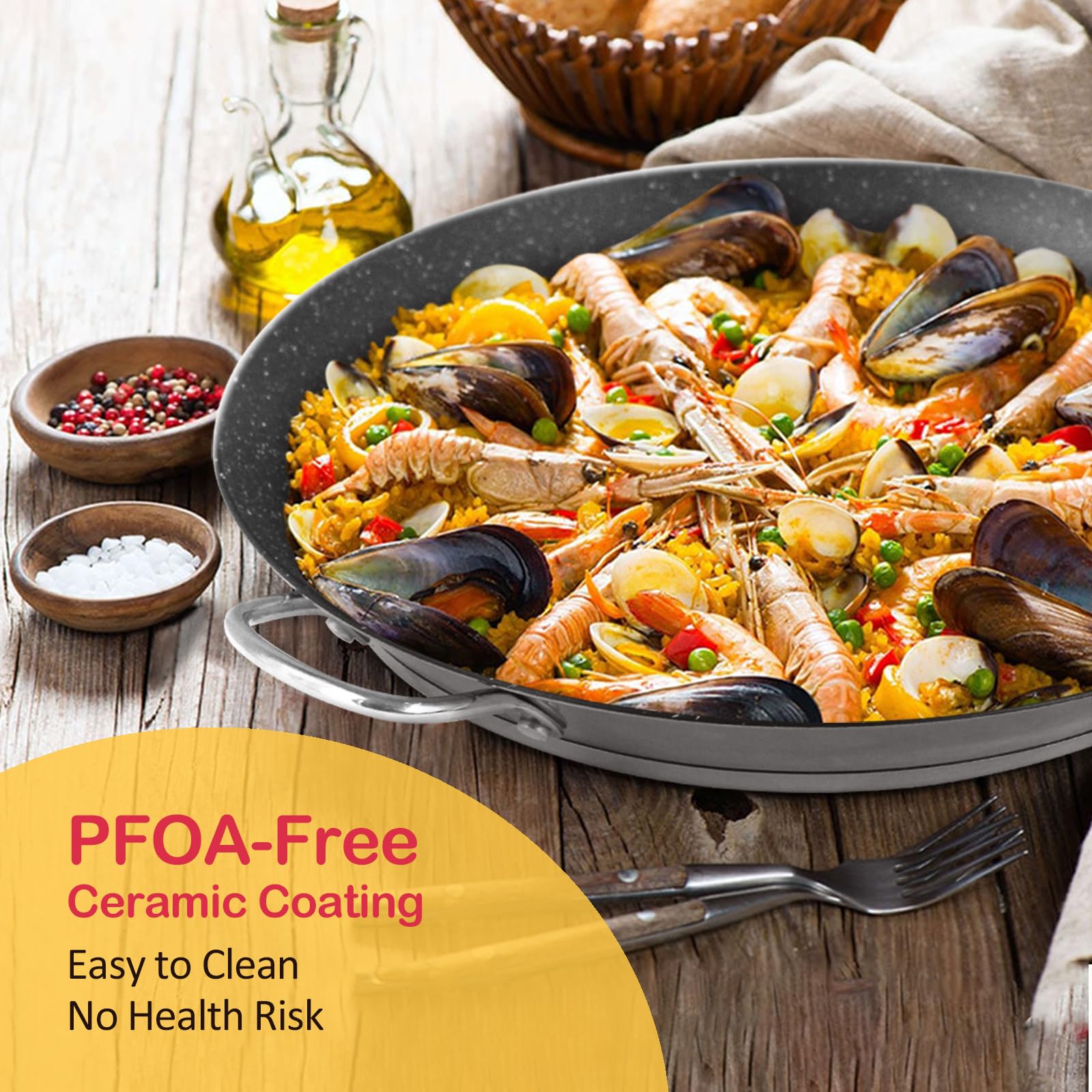 Activ Cuisine Paella Pan, 14 Inch Stainless Steel Paella Pan, Non-Stick Coating, Seafood And Meat For 6 Servings, Cooking Pan Su