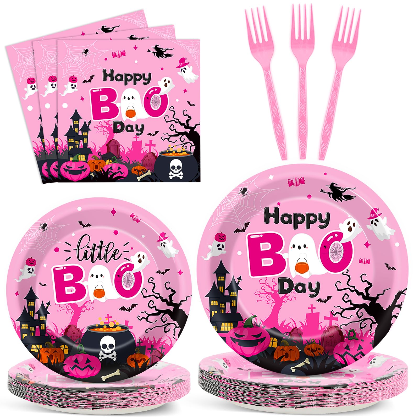 96Pcs Halloween Happy Boo Day Party Supplies Pink Ghost Pumpkin Paper Plates Napkins Ghost Theme Party Decoration Little Boo Gho