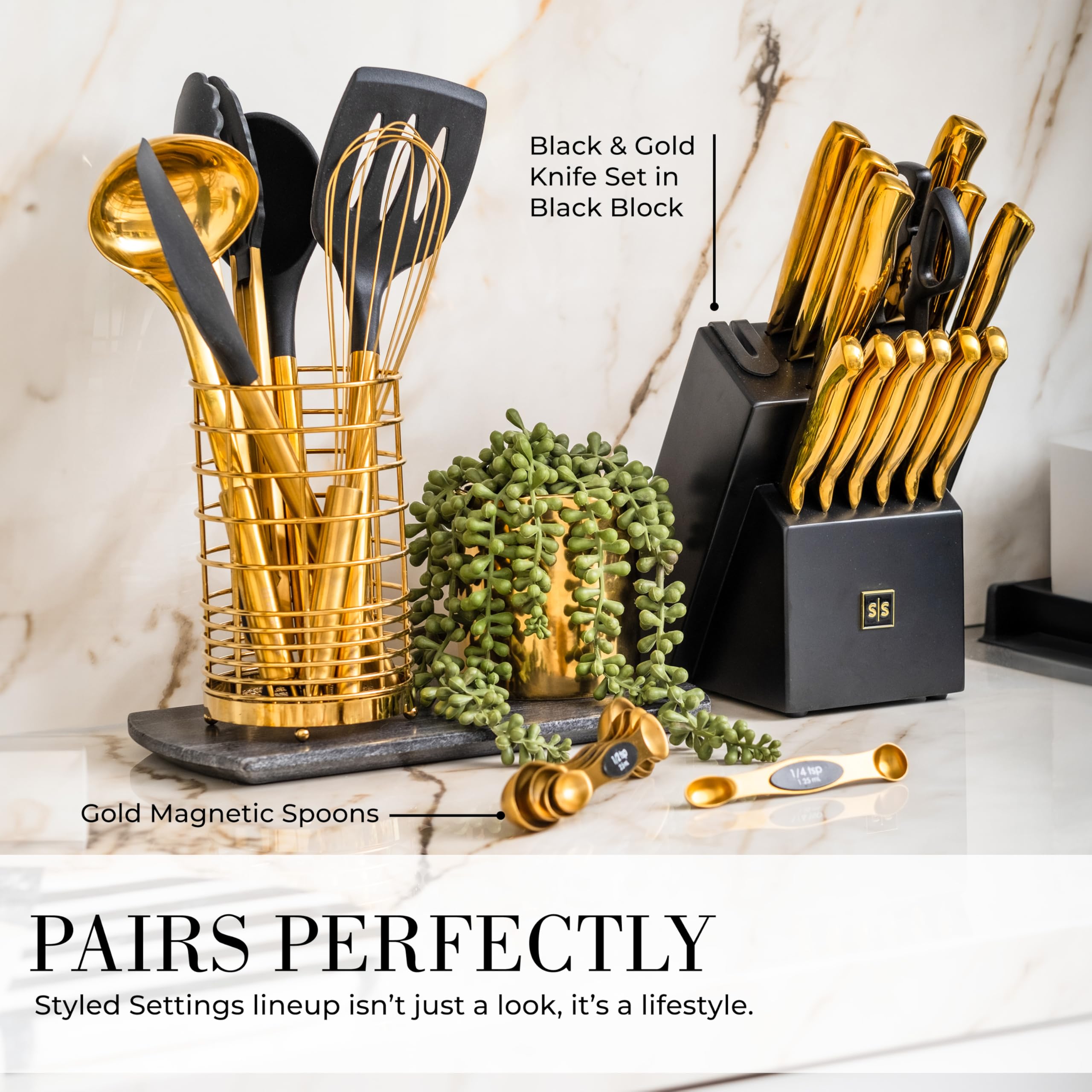 Black And Gold Kitchen Utensils Set - 7-Piece Silicone Cooking Tools With Gold Utensil Holder For Nonstick Cookware And Modern K