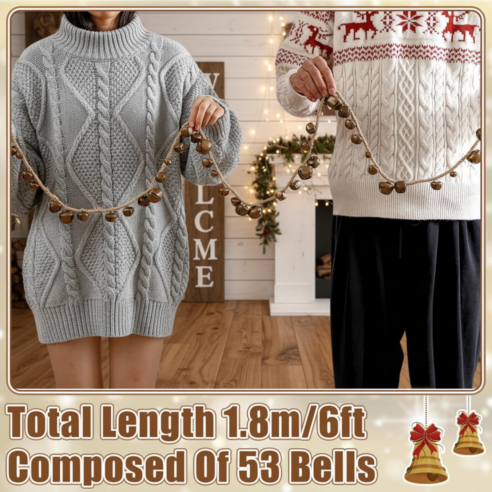 Yinder 6 ft Vintage Christmas Bell Garland for Tree Hanging Jingle Bell Garland on String Christmas Mantel Stairs Decoration for