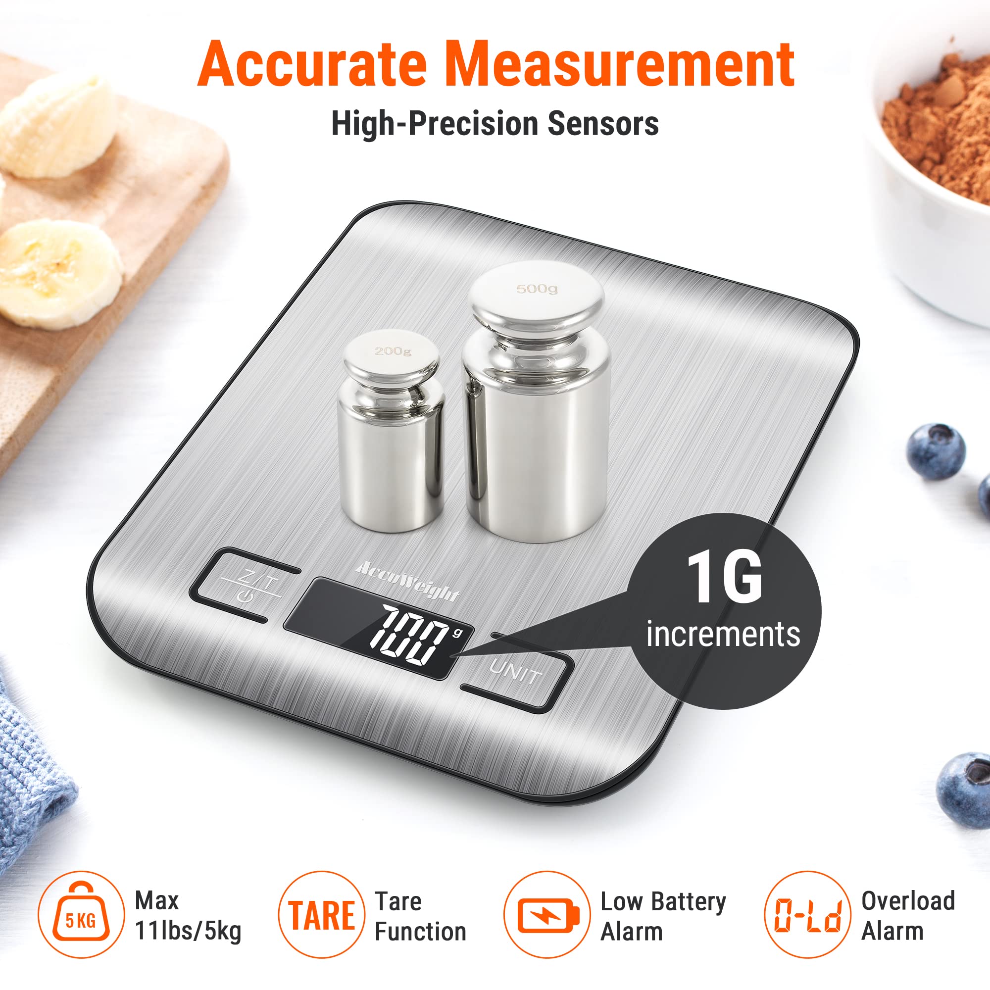 AccuWeight 211 Digital Kitchen Food Scale - 5000g Capacity, 1g Precision, Stainless Steel, Tare Function, LCD Display, 8.11"x6.42"x1